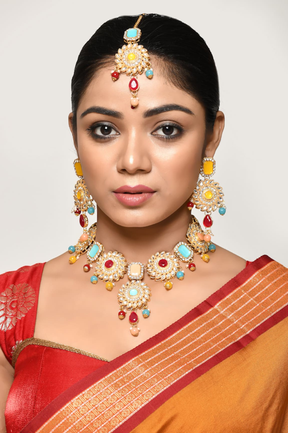 Nayaab by Aleezeh Floral Navratna Stone Embellished Necklace Set