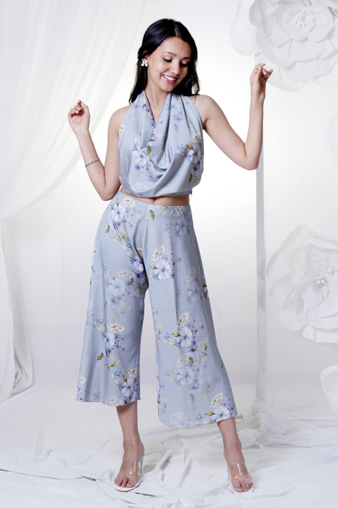 House Of TA-YA Cotton Satin Printed Cowl Top & Pant Set 