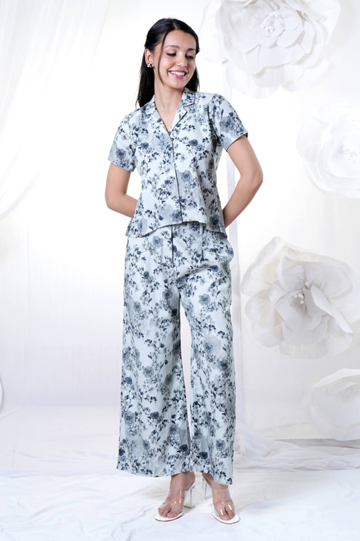 House Of TA-YA Cotton Satin Printed Shirt & Flared Pant Set 