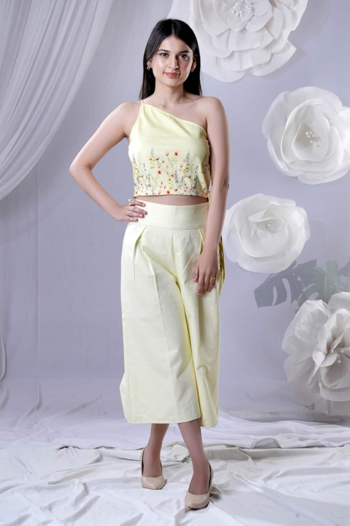 House Of TA-YA Cotton Satin One Shoulder Top & Culottes Set 