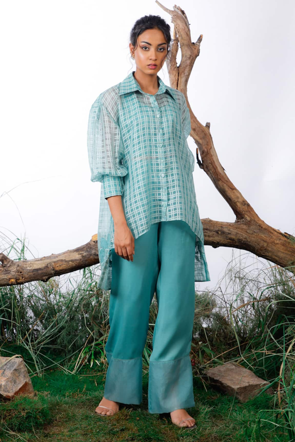 OMANA BY RANJANA BOTHRA Checkered Applique Embroidered Shirt & Pant Set