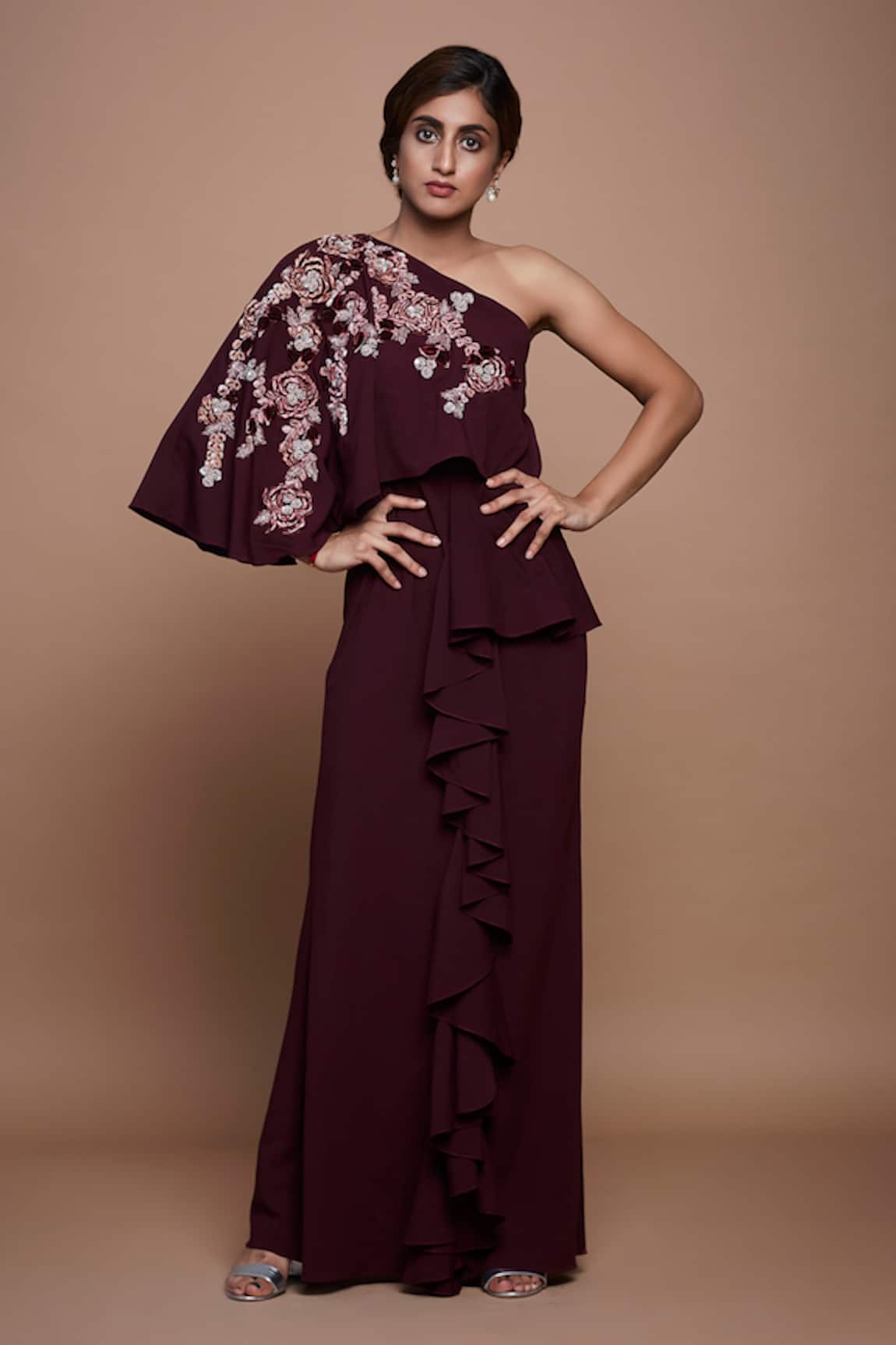 Vyasa By Urvi Hand Embroidered One-Shoulder Gown 