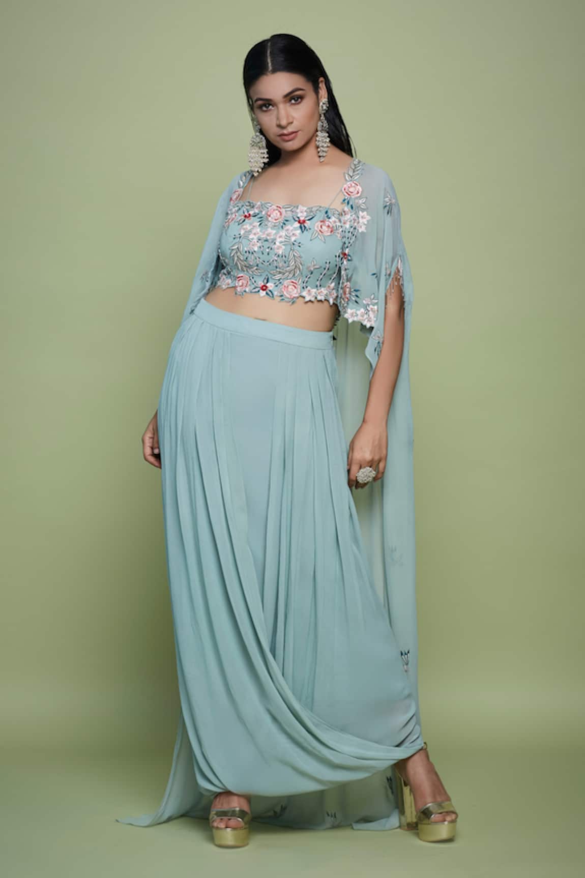 Vyasa by Urvi Floral Embroidered Cape & Drape Skirt Set
