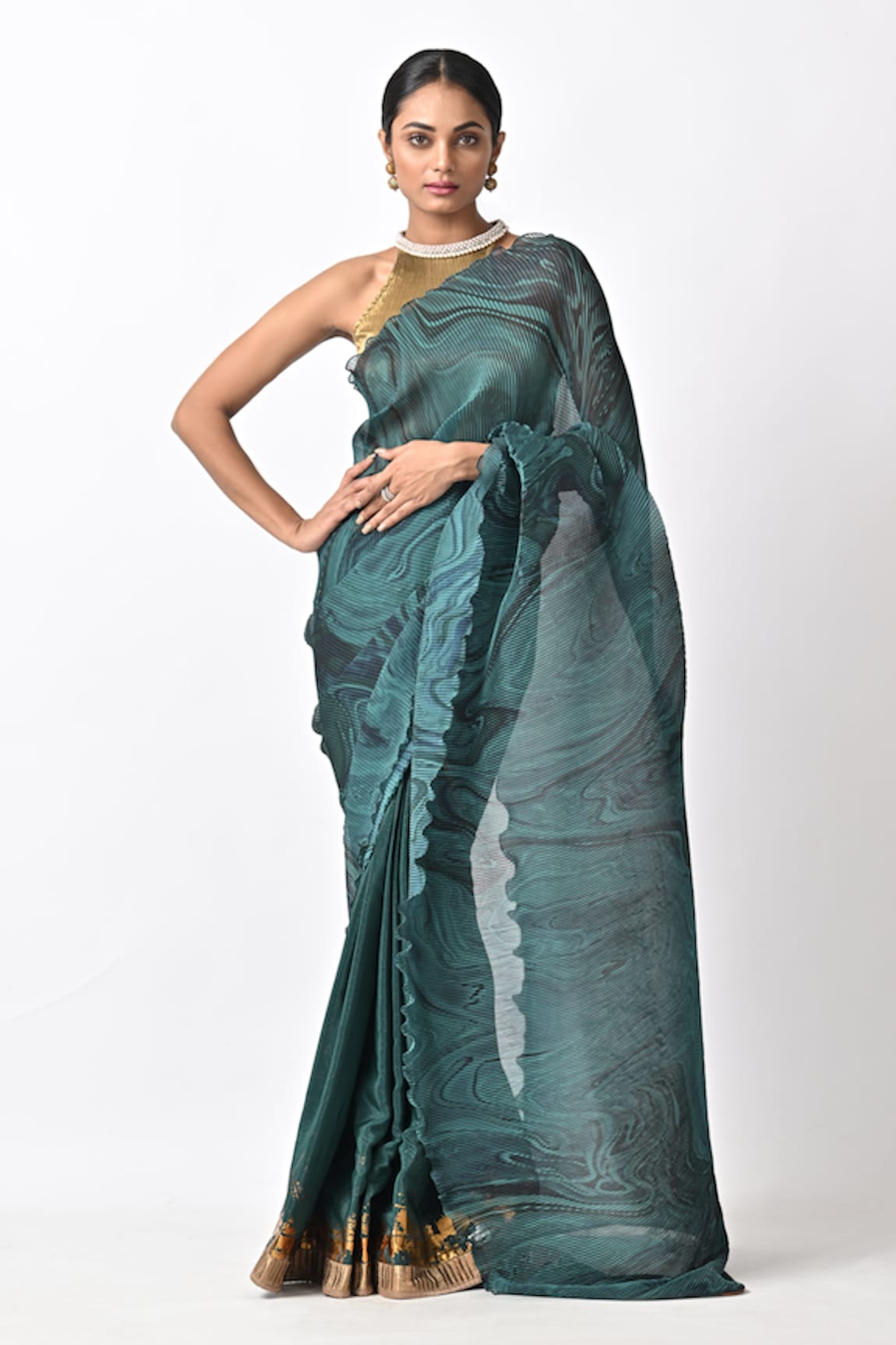 Kiran Uttam Ghosh Marble Print Saree With Unstitched Blouse