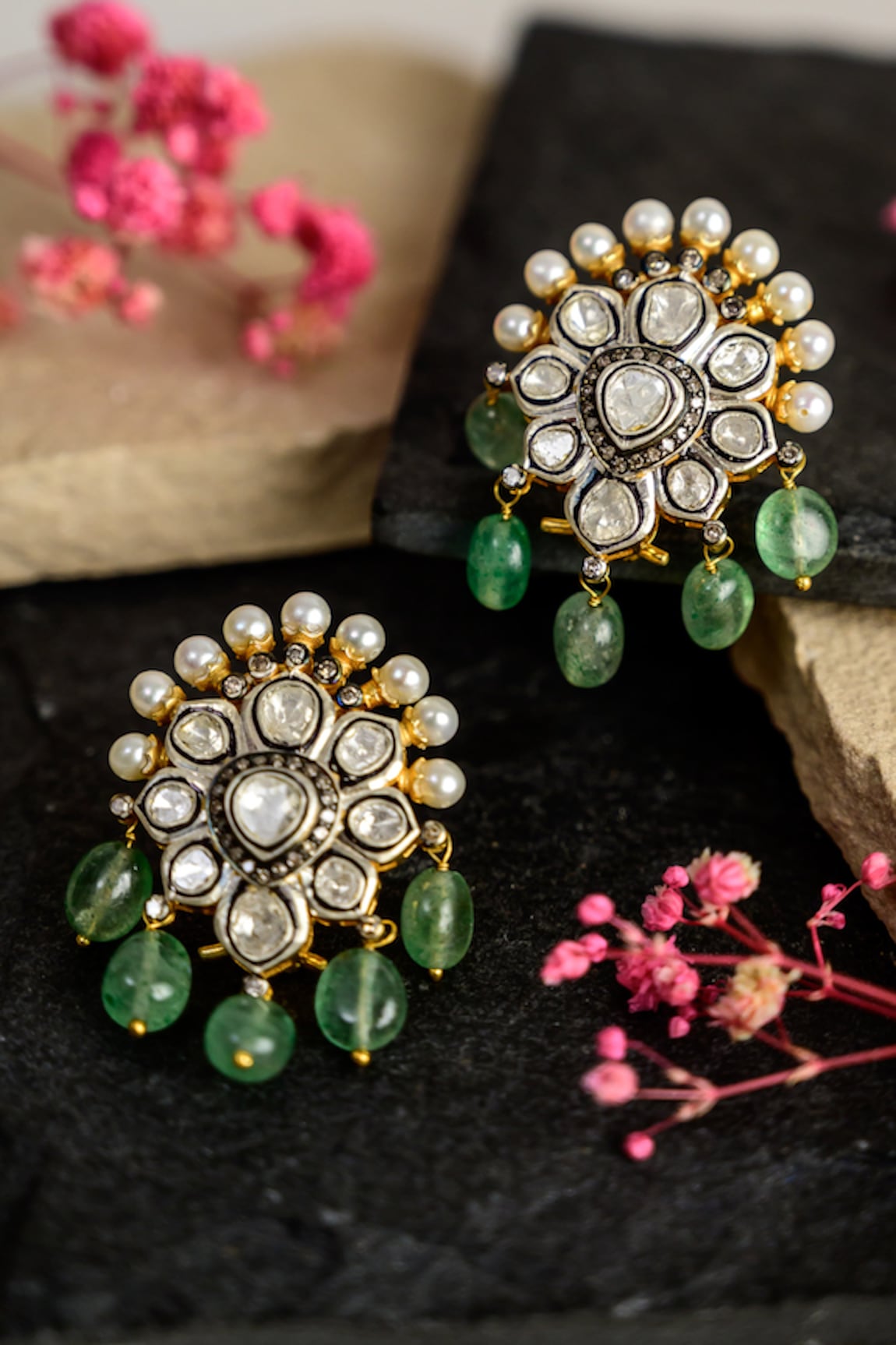 The Alchemy Studio Emerald Wildflower And Uncut Diamond Earrings