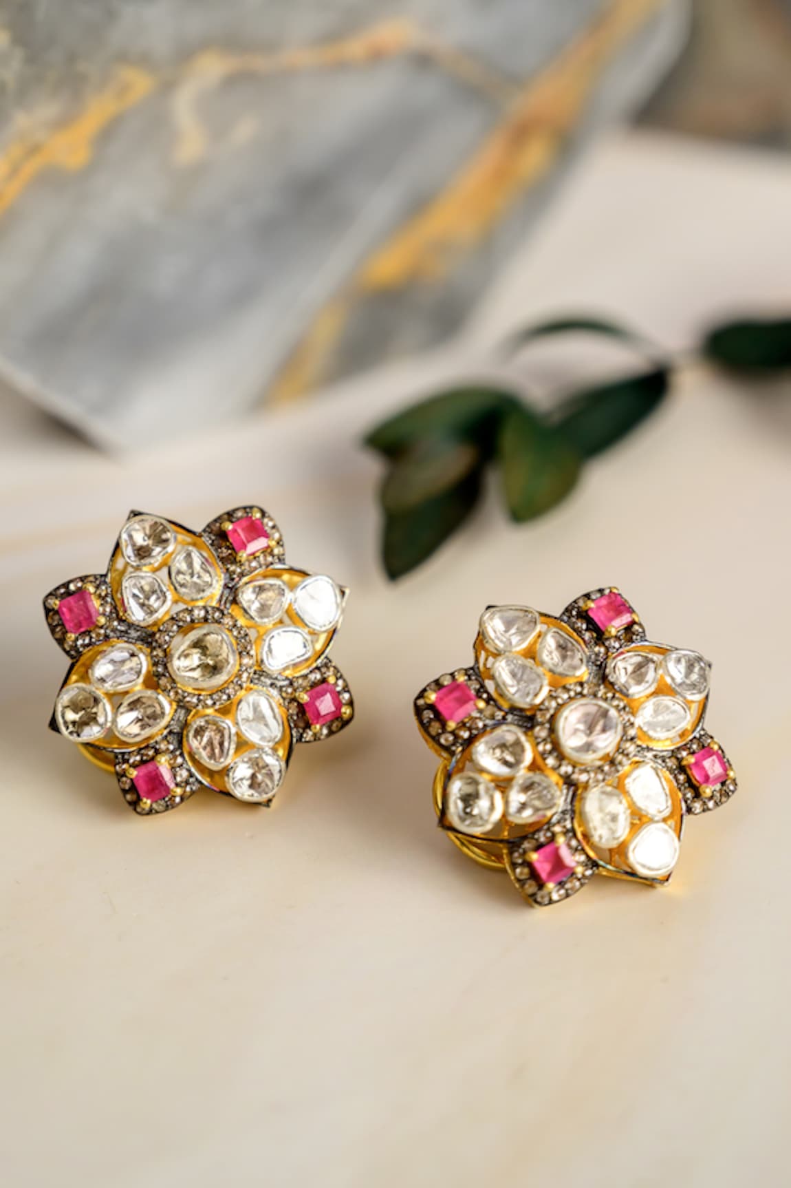 The Alchemy Studio Uncut Diamond And Ruby Flower Studs