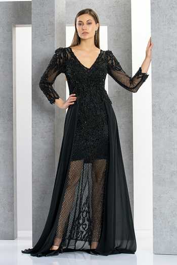 Eli Bitton Sequin Embroidered V Neck Gown 