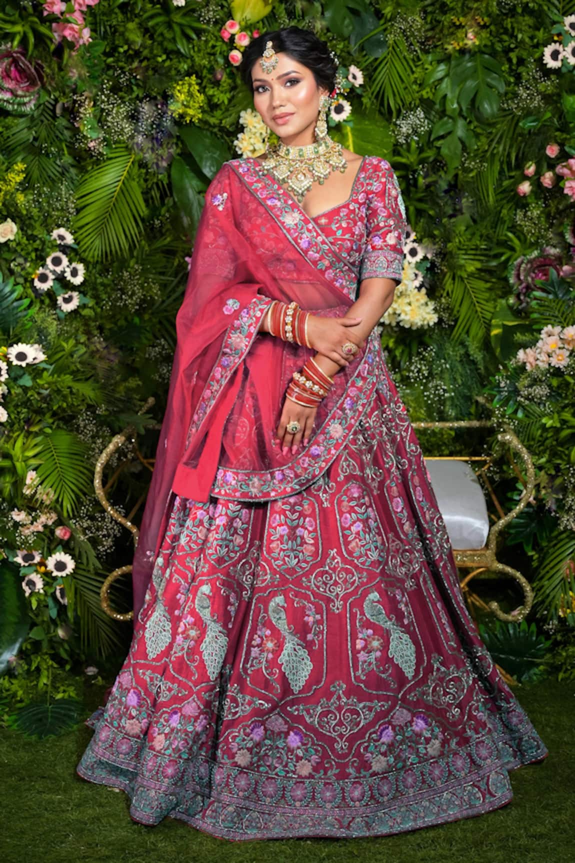 Sanjana Thakur Flower & Peacock Embroidered Bridal Lehenga Set