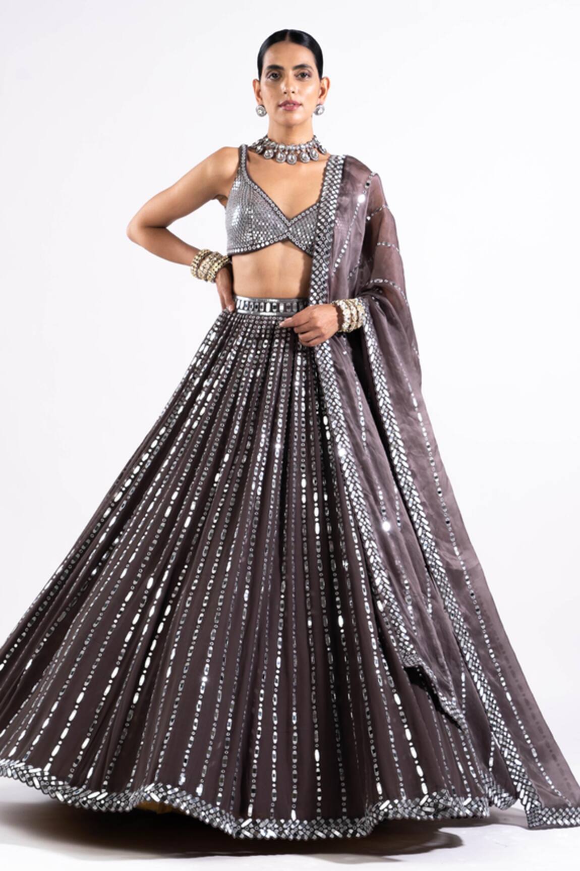 Vvani By Vani Vats Linear Drop Mirror Work Lehenga Set