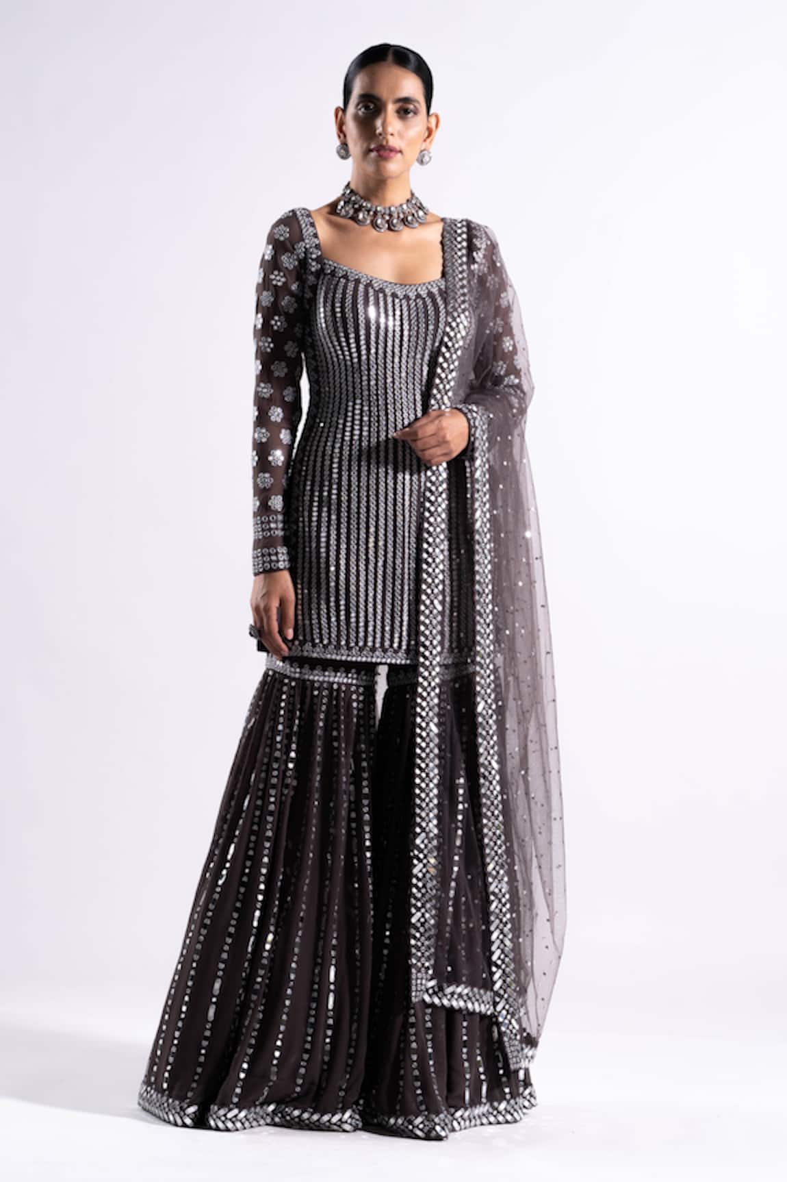 Vvani By Vani Vats Mirror Embroidered Kurta Sharara Set