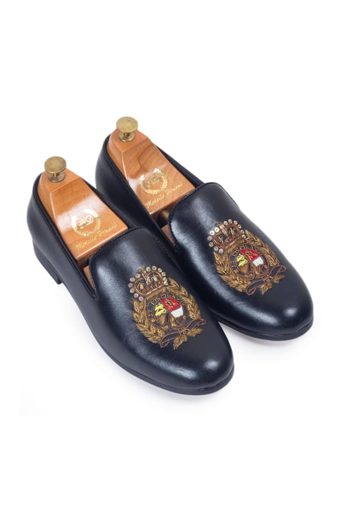 Domani Leather Crest Embroidered Slip Ons