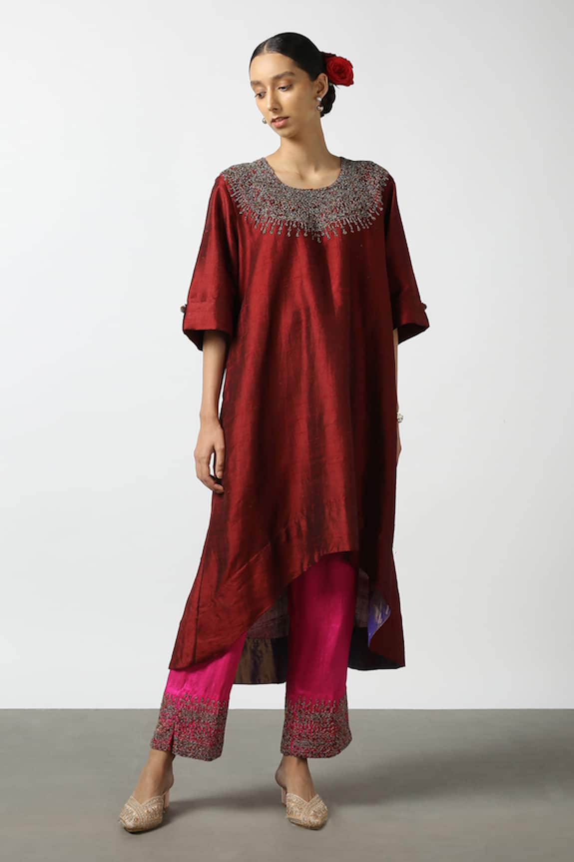 Latha Puttanna Raw Silk Neckline Embroidered Tunic