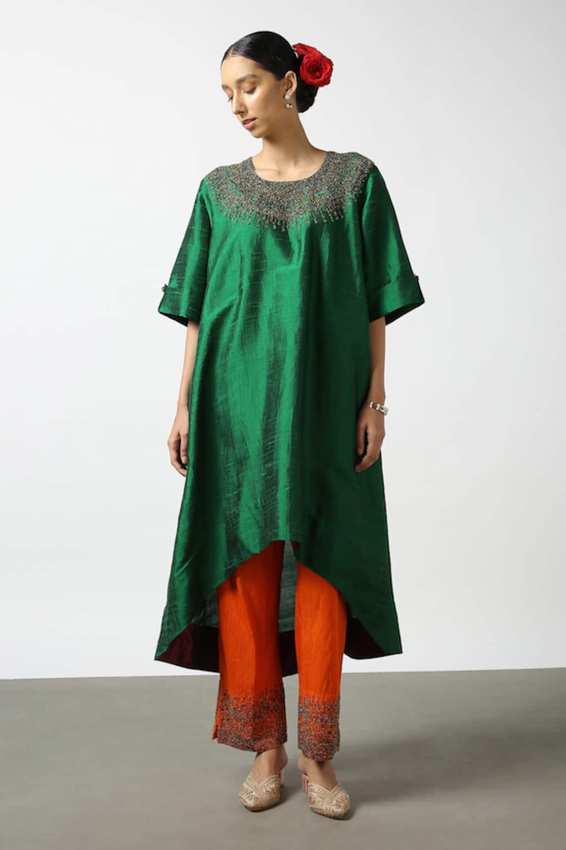 LATHA PUTTANNA Raw Silk Glass Bead Embroidered Tunic 