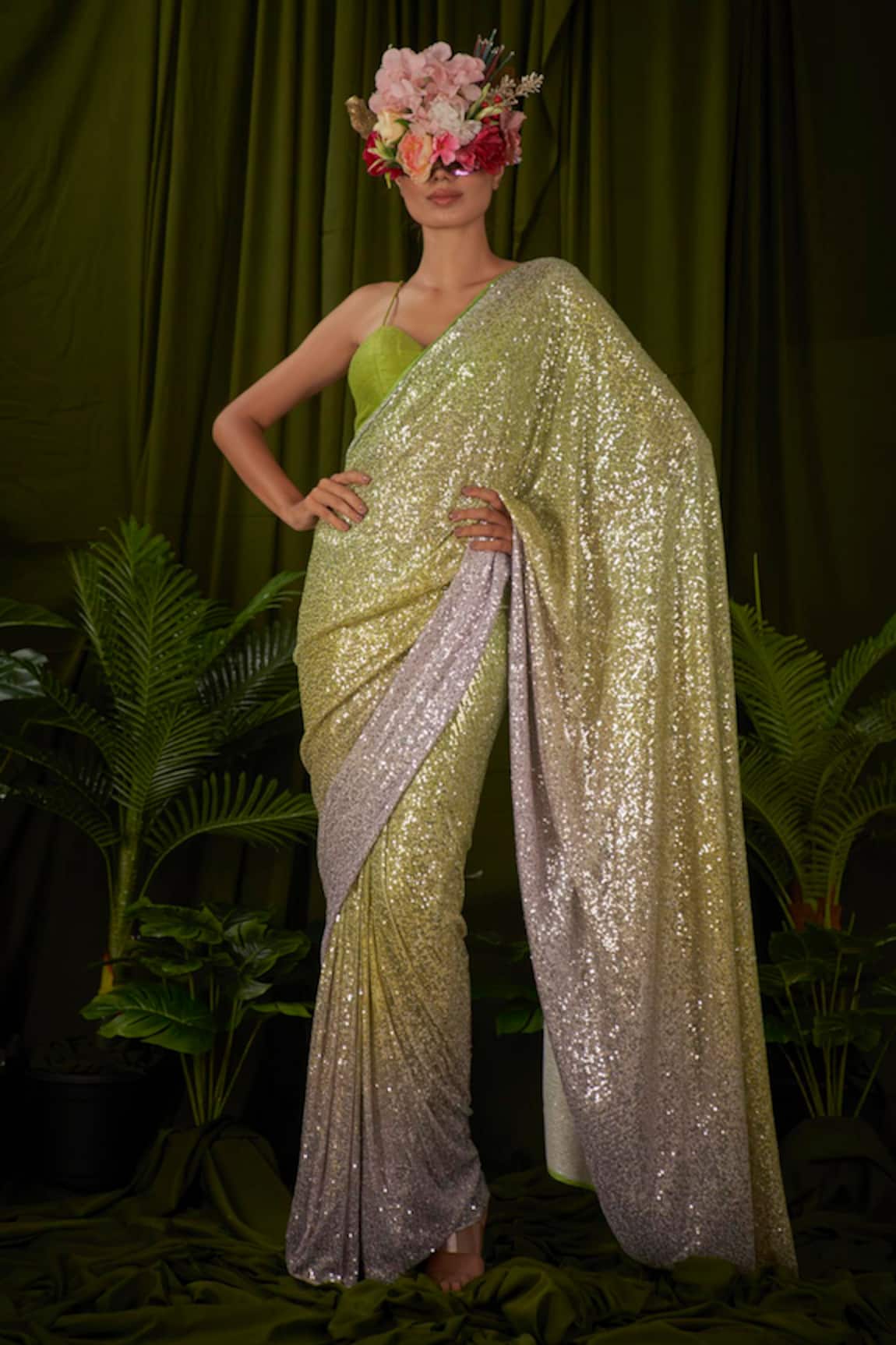 Pooja Bagaria Pre-Draped Sequin Embellished Saree With Blouse