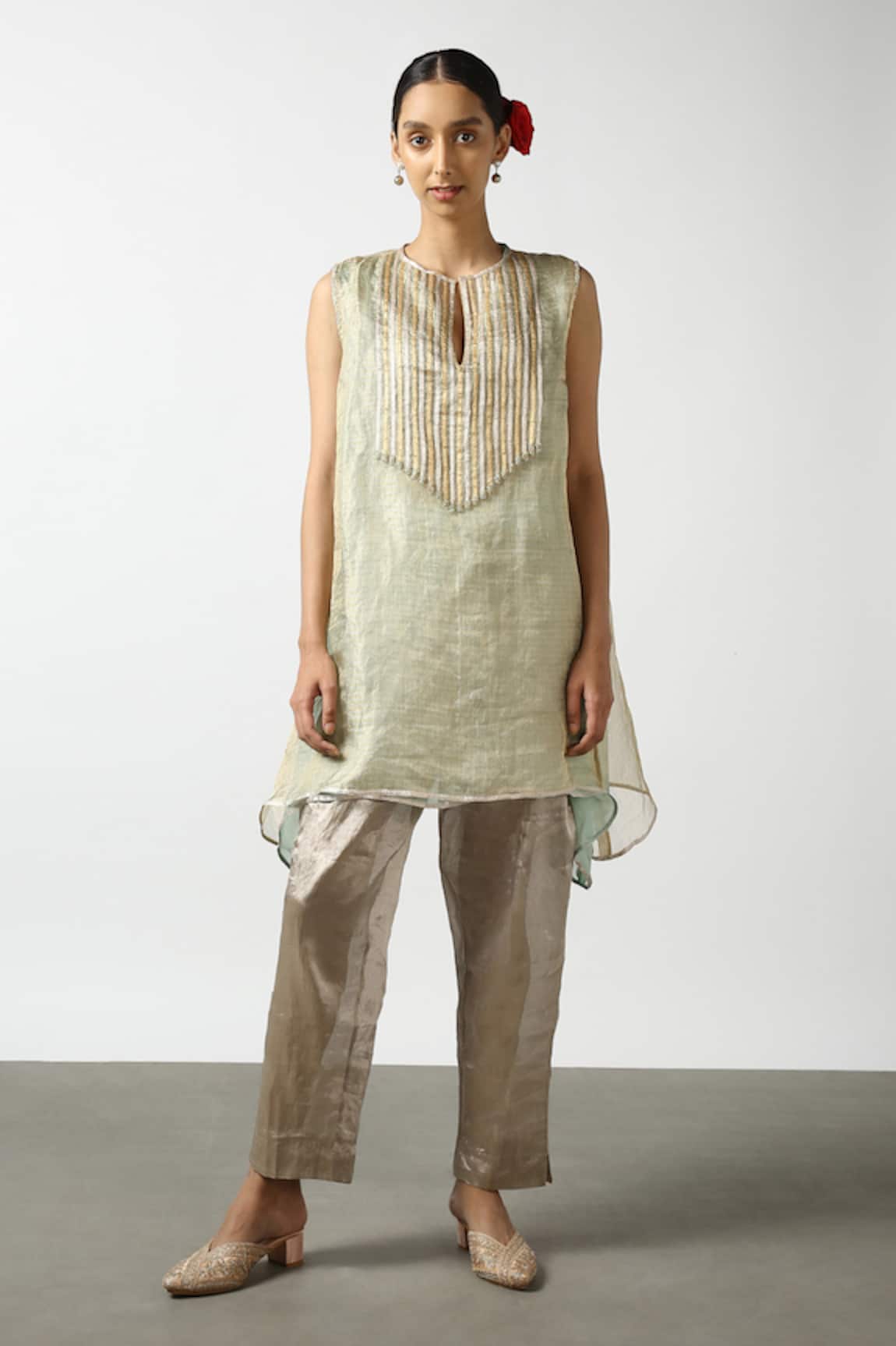 Latha Puttanna Sleeveless Stripe Embroidered Kurta & Pant Set