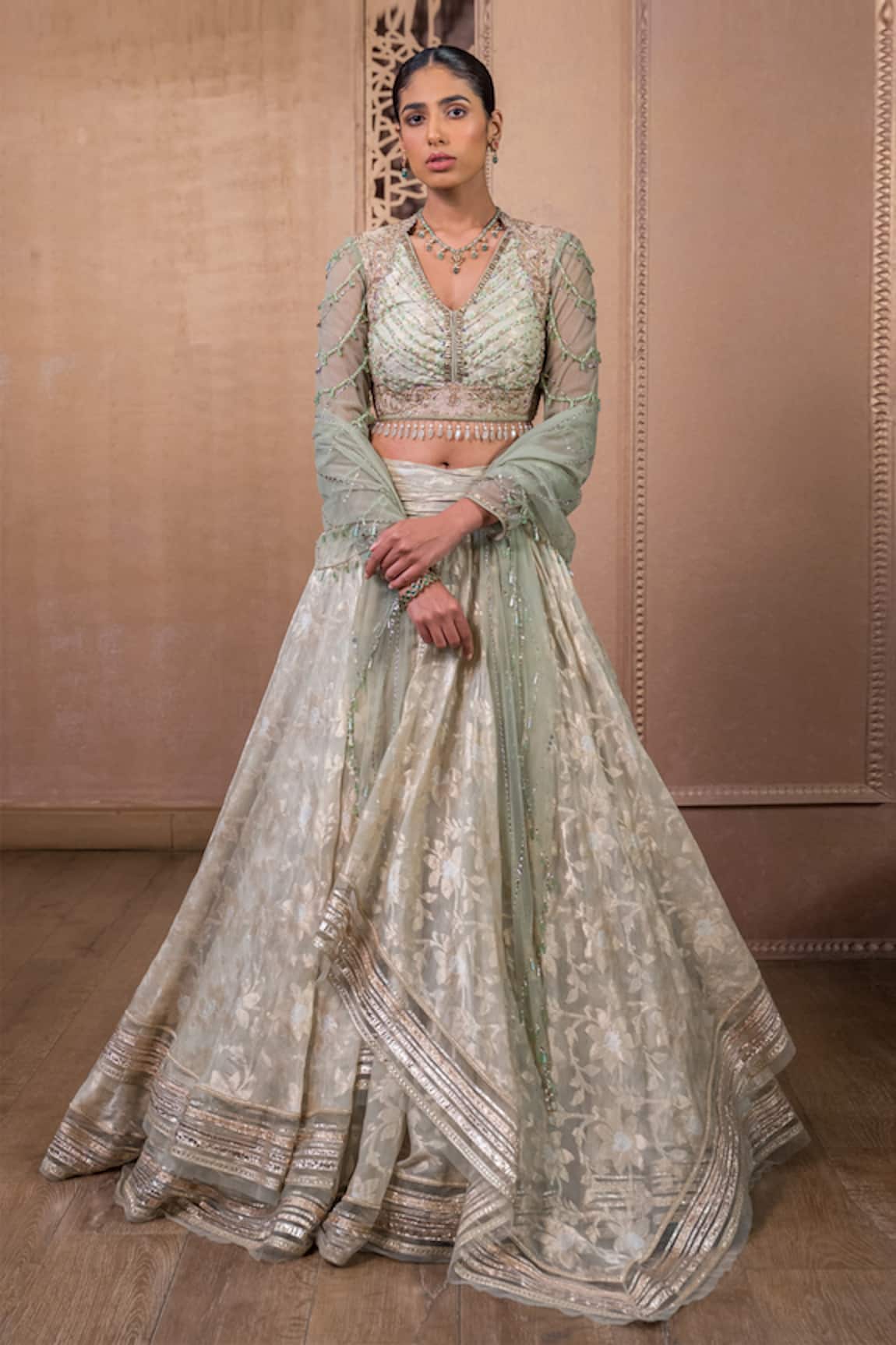 Tarun Tahiliani Chanderi Layered Floral Pattern Lehenga Set