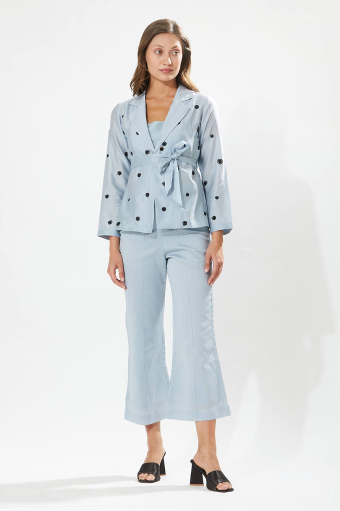 Meadow Powder Blue Floral Embroidered Blazer & Inner Top