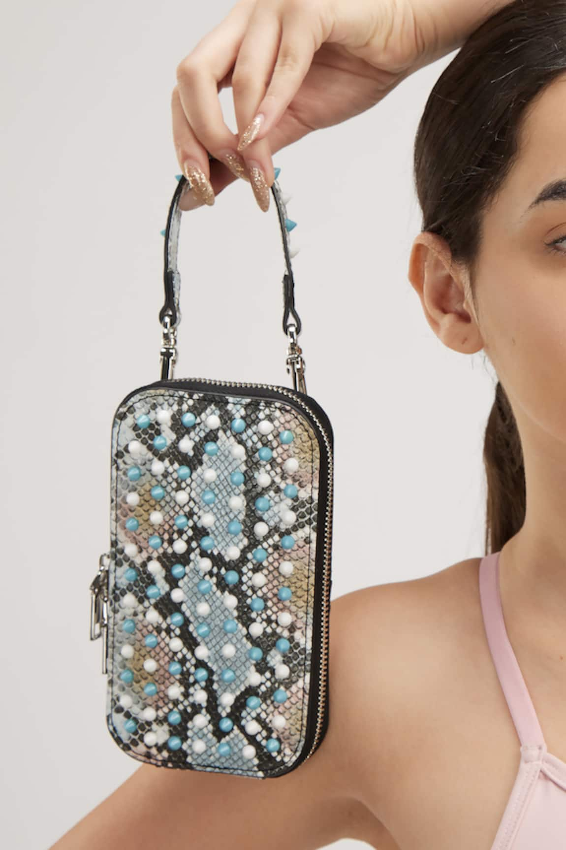 House of Bio Hana Metallic Stud Embellished Mobile Bag