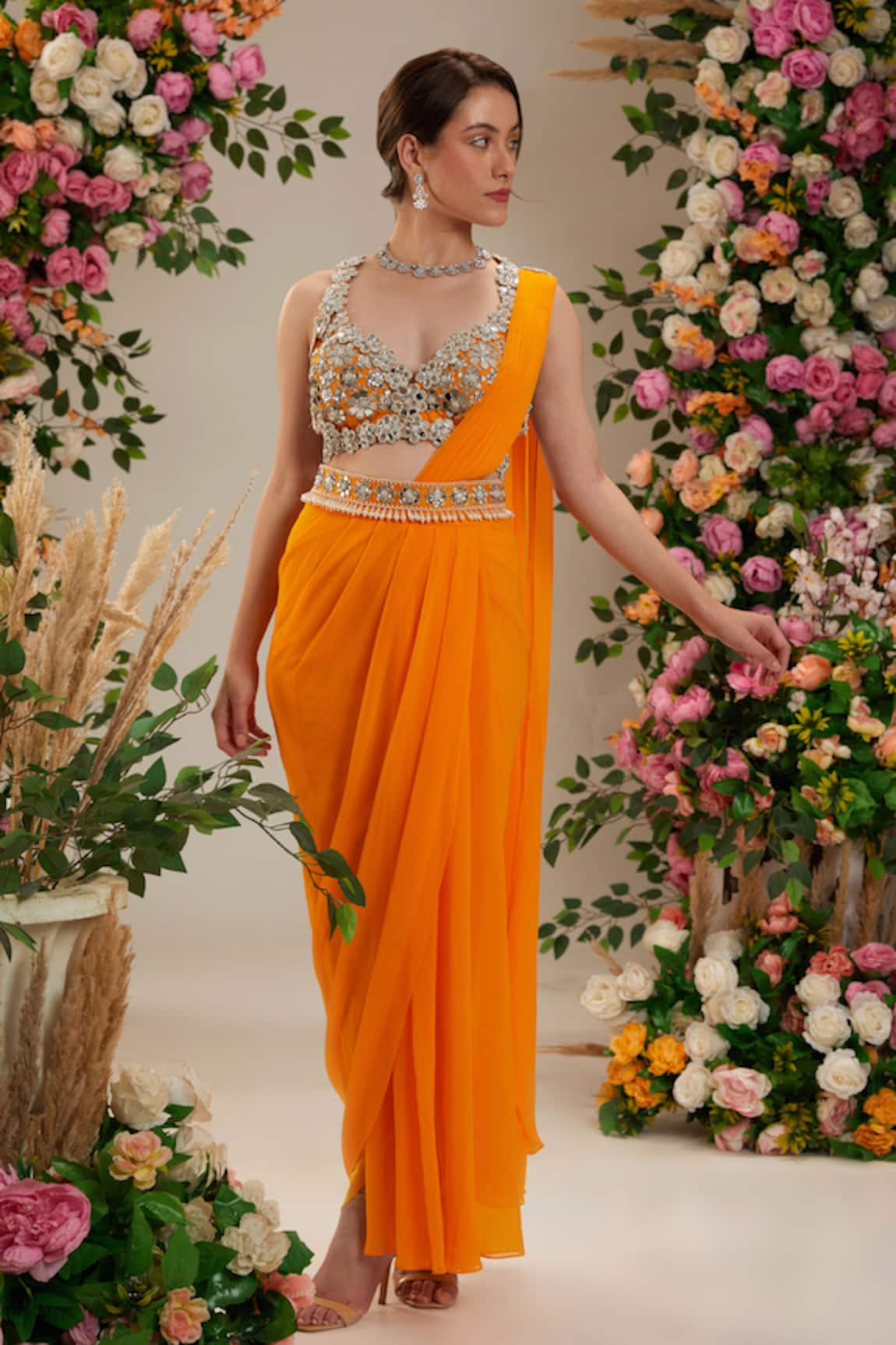Preeti S Kapoor Cosmos Pre-Draped Saree With Mirror Work Blouse