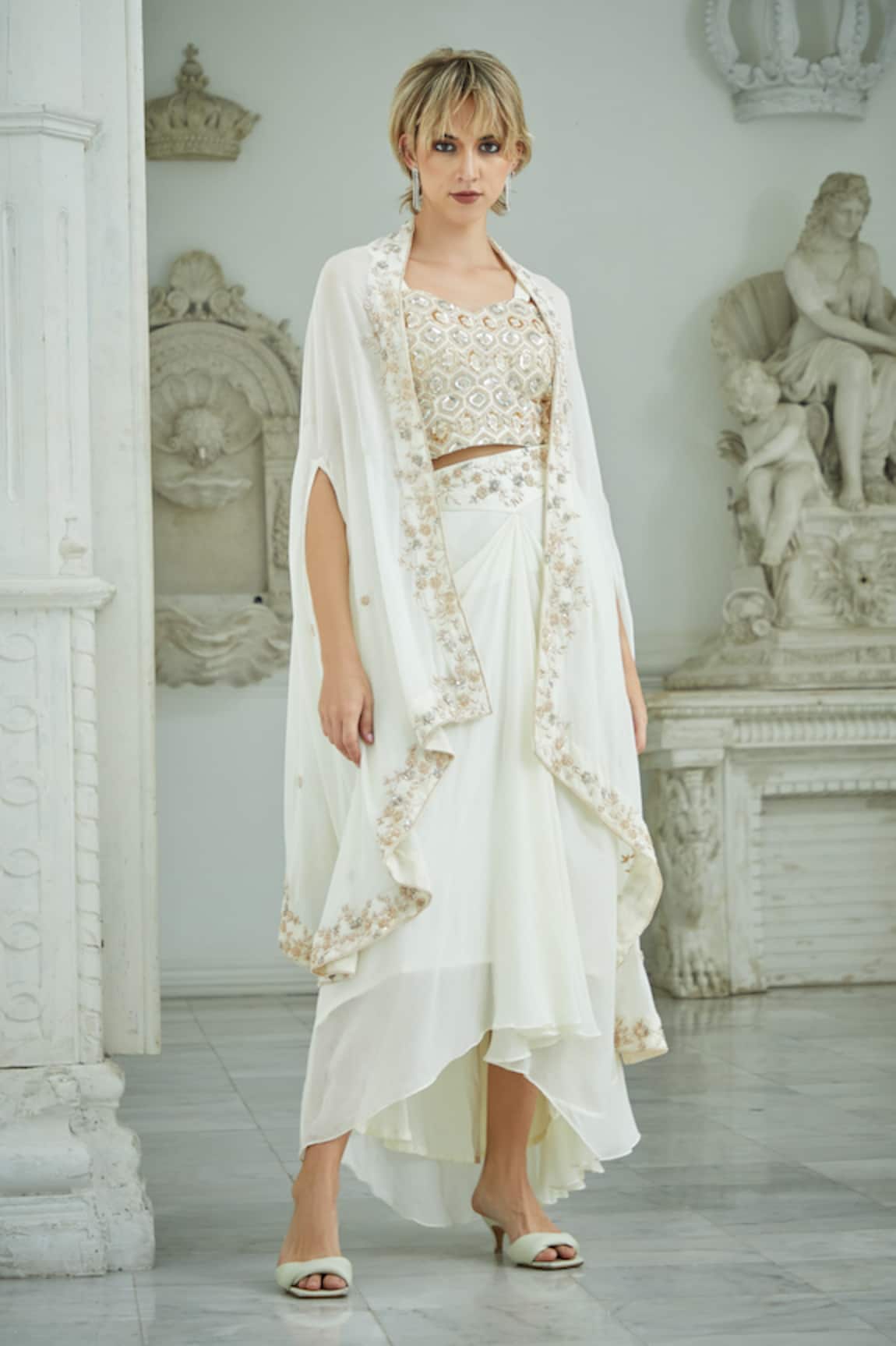 Sayisha Asymmetric Embroidered Jacket & Drape Skirt Set 