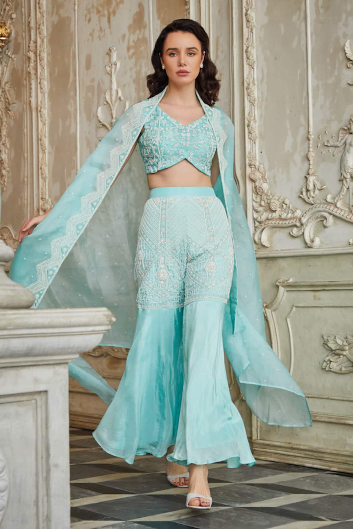 Sayisha Floral Embroidered Jacket & Flared Palazzo Set 