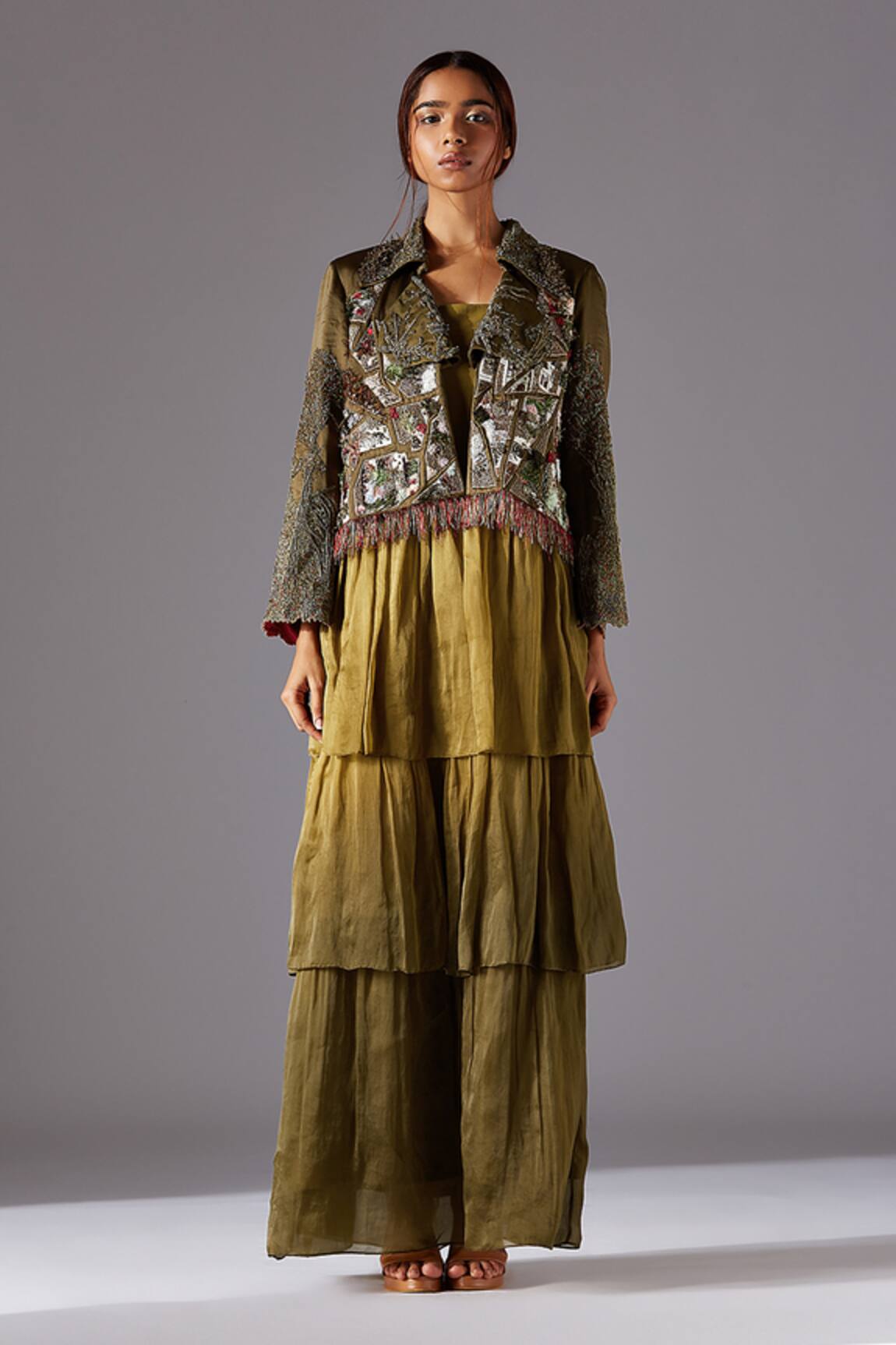 A Humming Way Earth Jacket With Forestland Tiered Gown