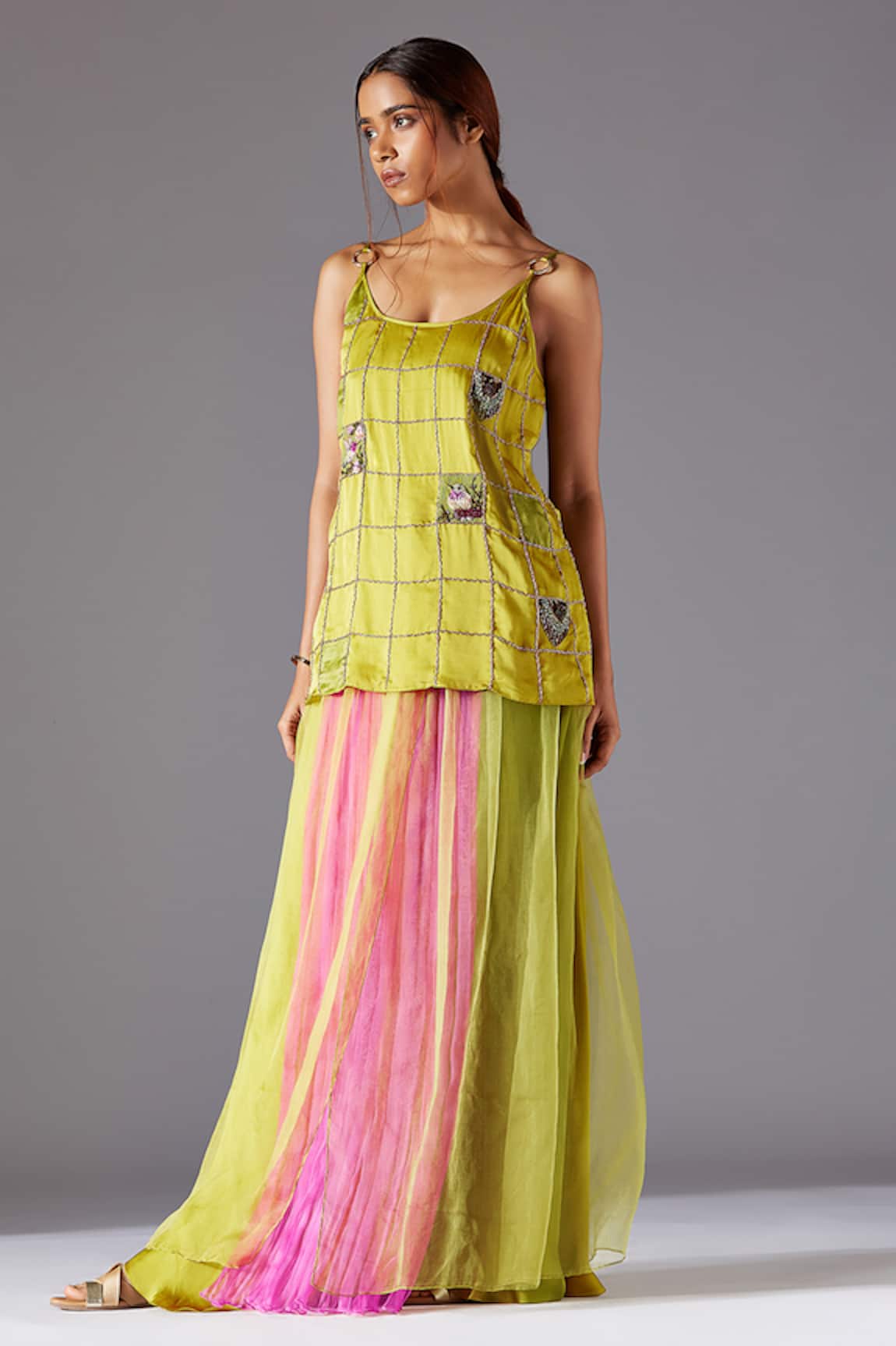 A Humming Way Lime Green Embroidered Top & Colorblocked Skirt Set