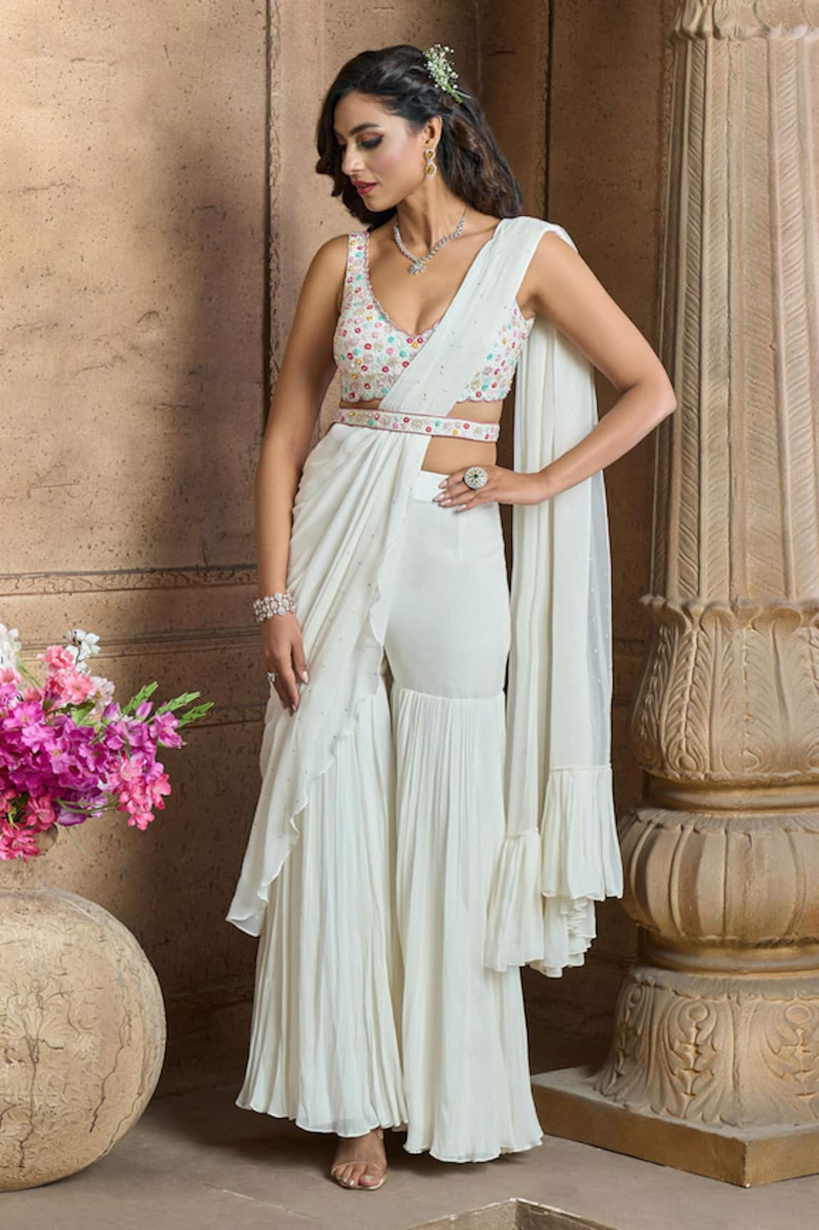 Ariyana Couture Pre-Draped Pant Saree & Embroidered Blouse Set