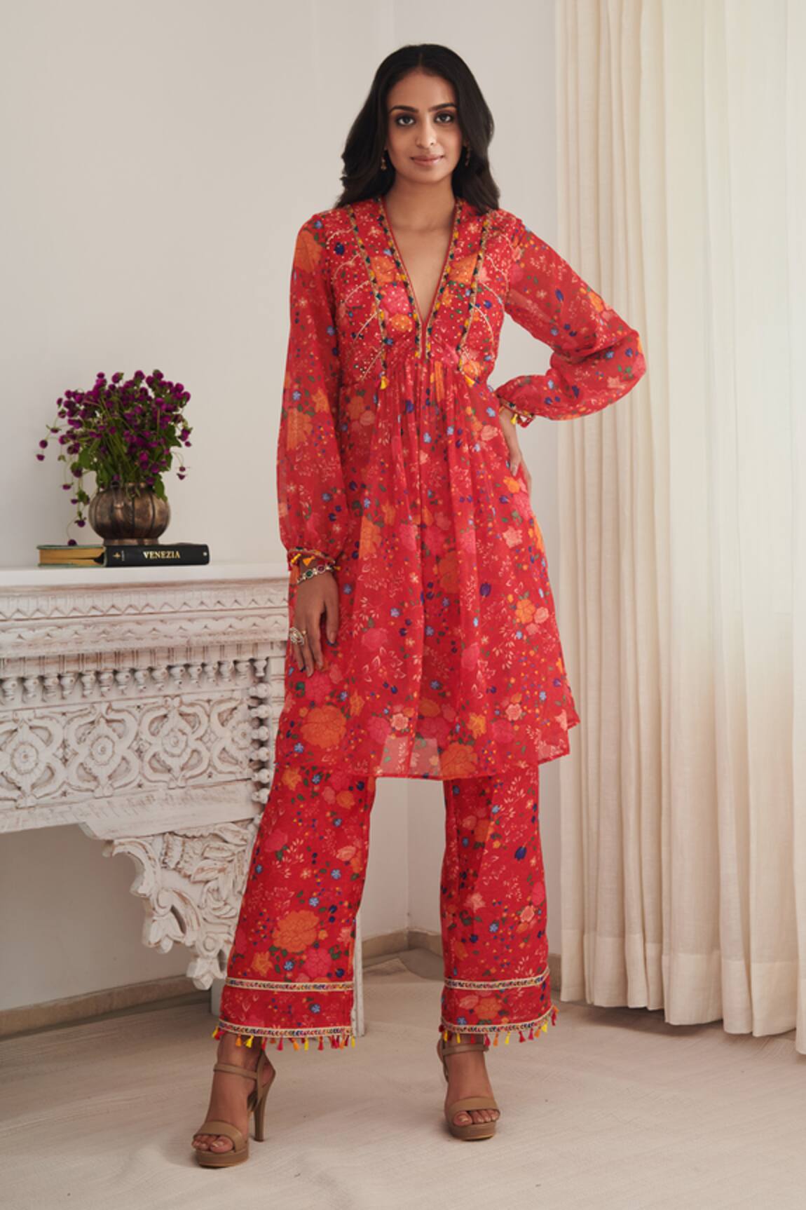Shasha Gaba Floral Print Pleated Kurta & Pant Set