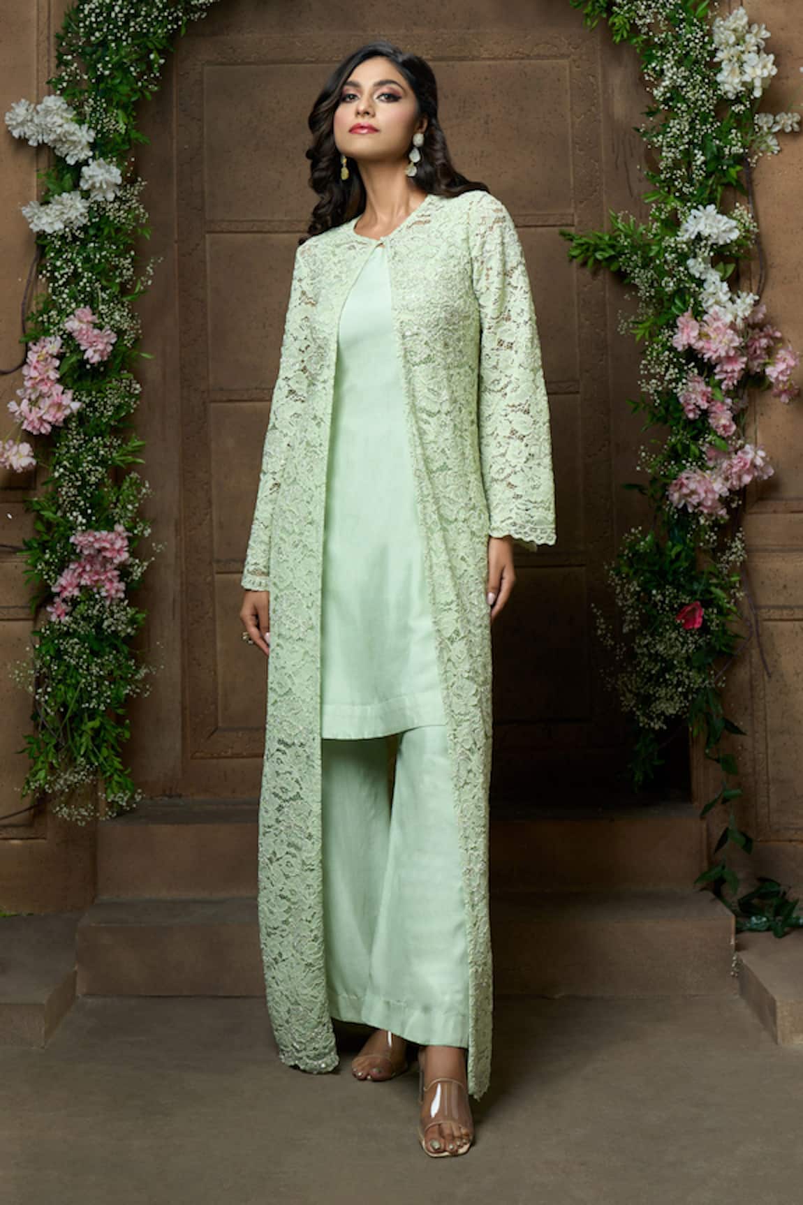 Ariyana Couture Floral Lace Work Jacket Flared Pant Set