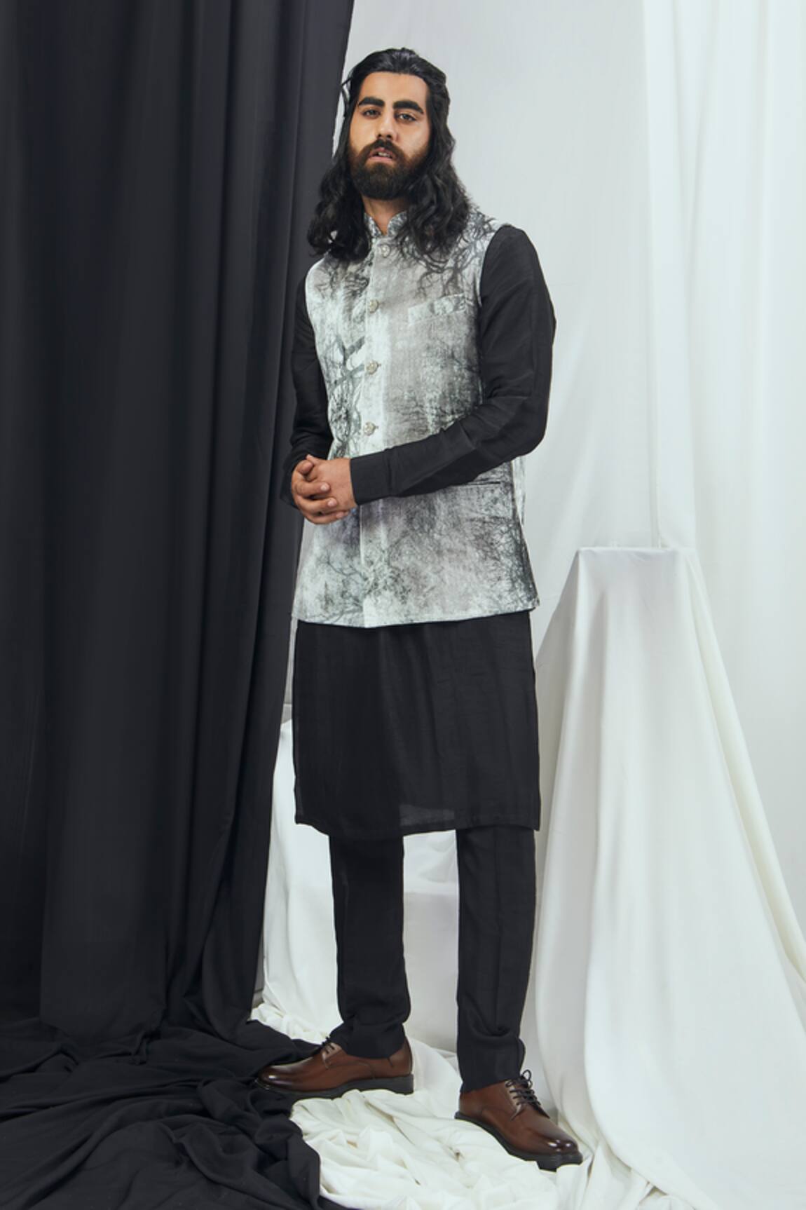 Nirmooha Black Nokia Silk Kurta Set With Print Bundi 