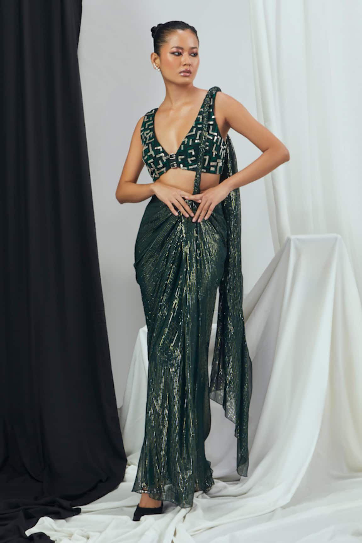 Nirmooha Pre-Draped Saree With Hand Embroidered Blouse 