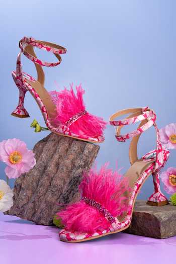 PREET KAUR Poppy Print Feather Embellished Heels