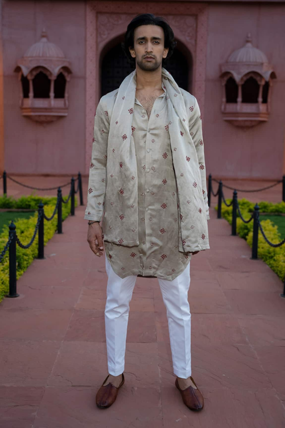 Kaaj Button Bandhej Embroidered Kurta Set