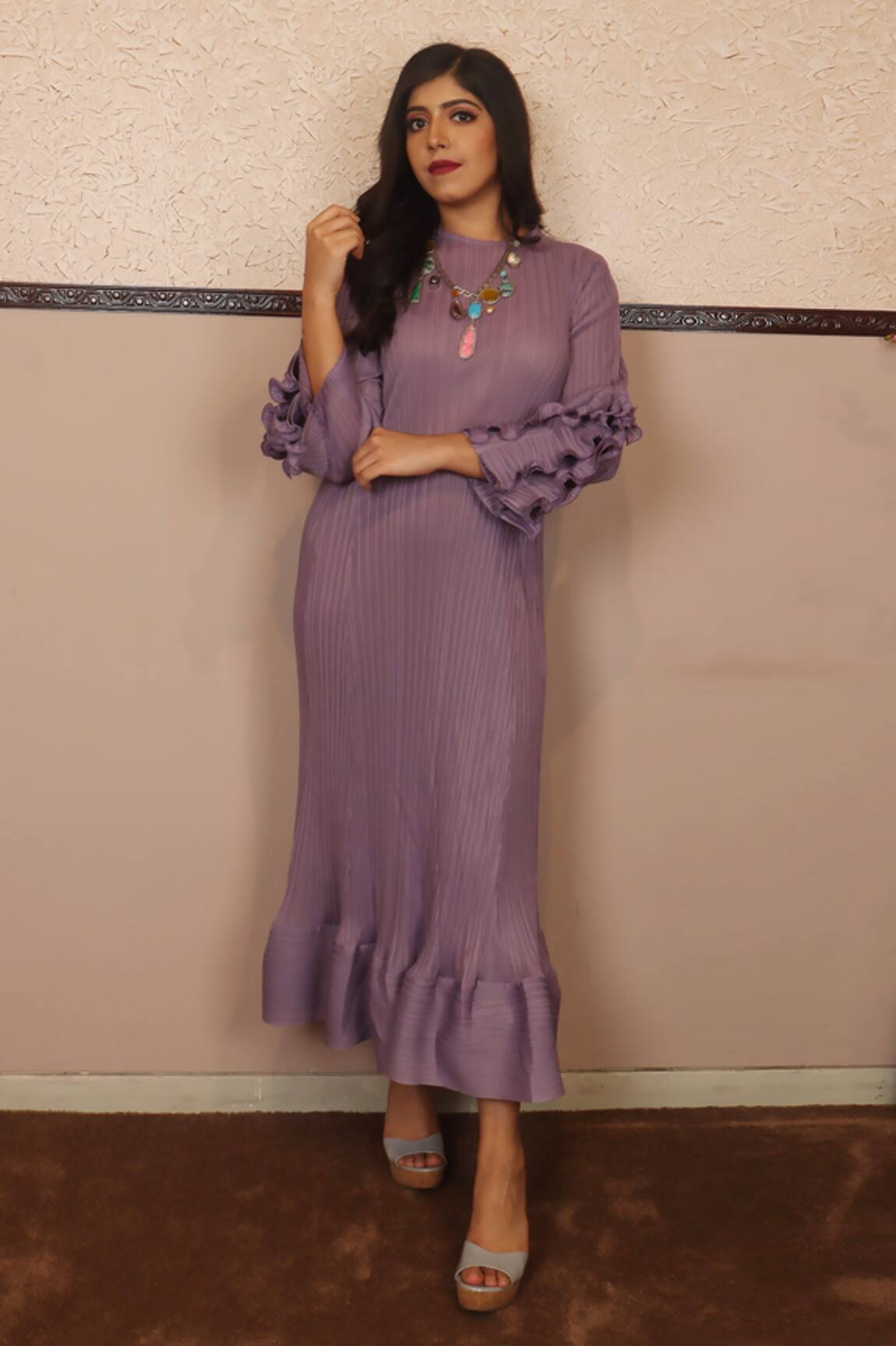 Crimp Ruffle Sleeve Dress