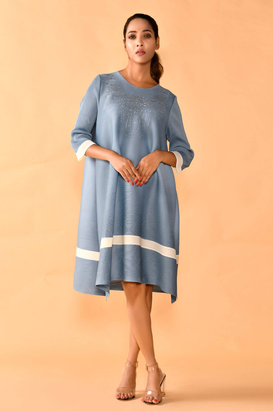 Crimp Sequin Yoke Embroidered Dress