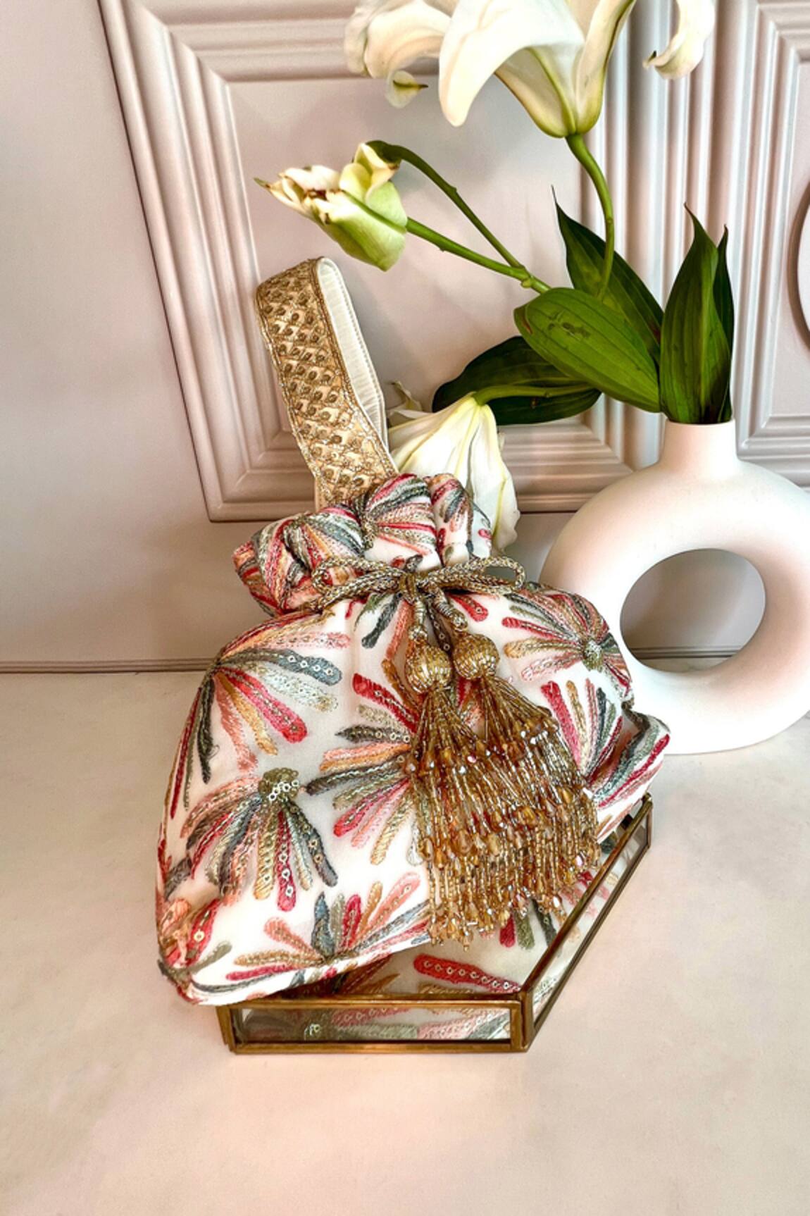 Fuchsia by aashaka mehta Silk Iris Floral Work Potli Bag 