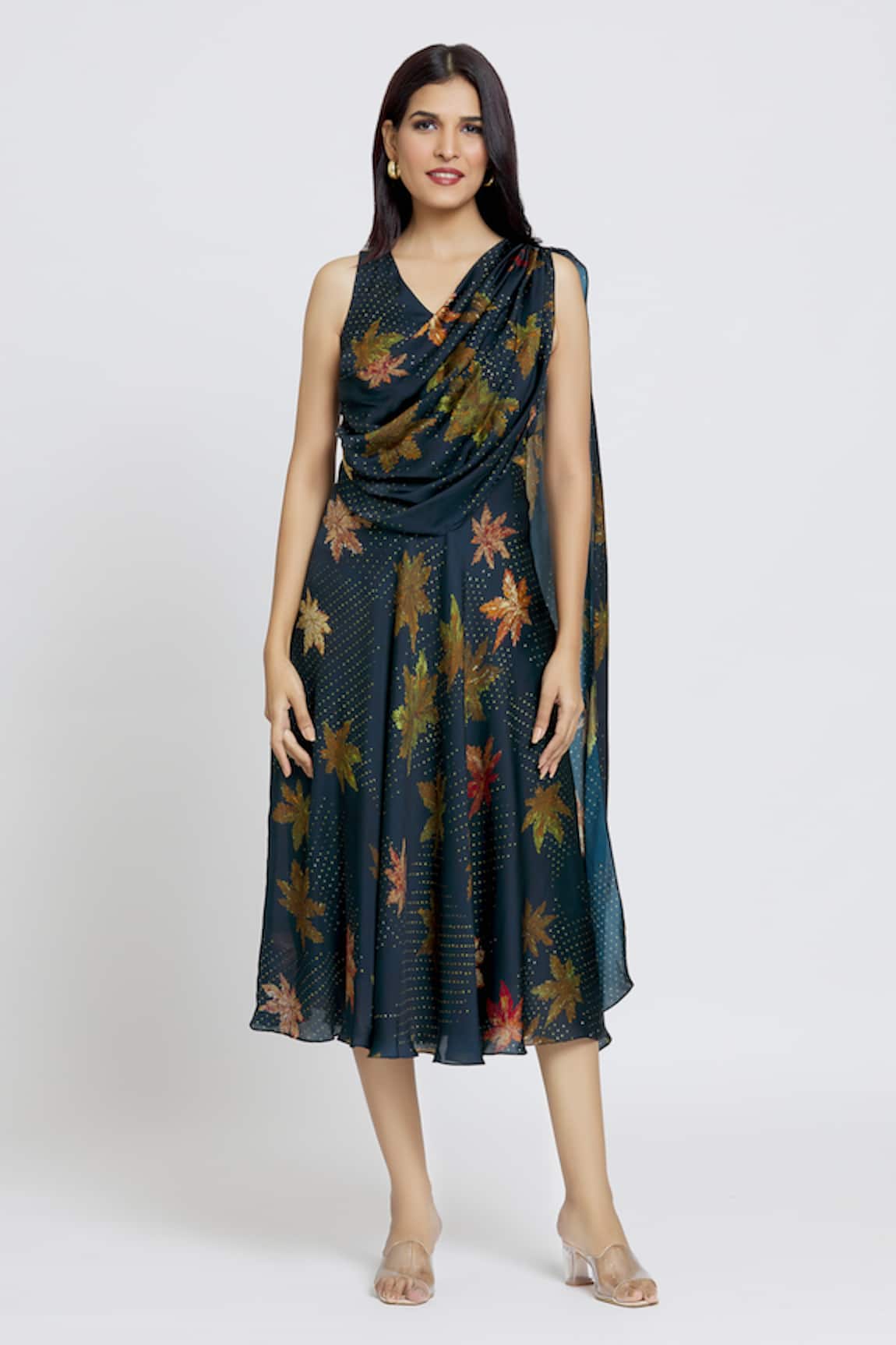 Whimscial by shica Maple Dot Print Saree Draped Dress