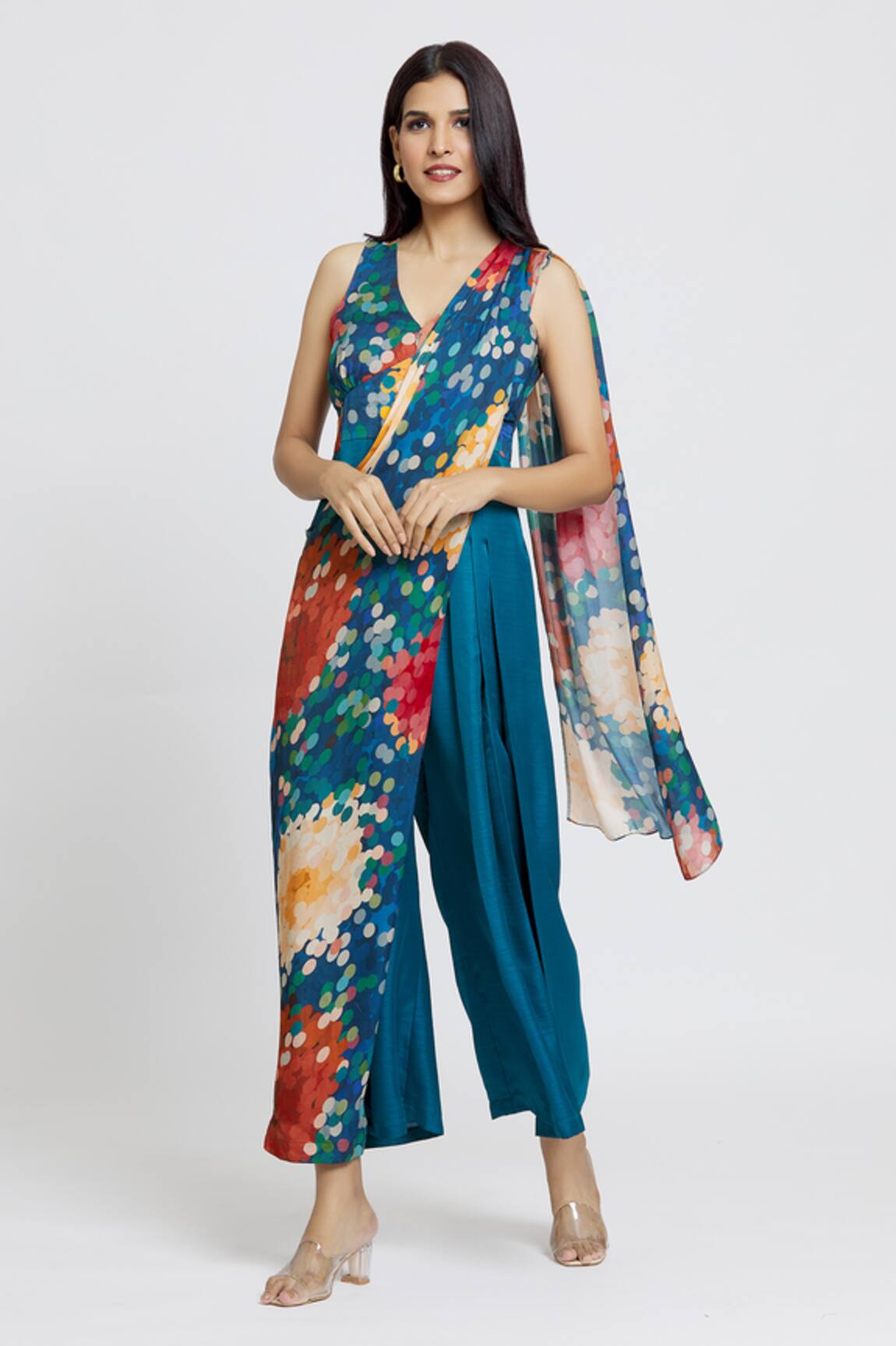 Whimscial by shica Dot Print Saree Draped Jumpsuit