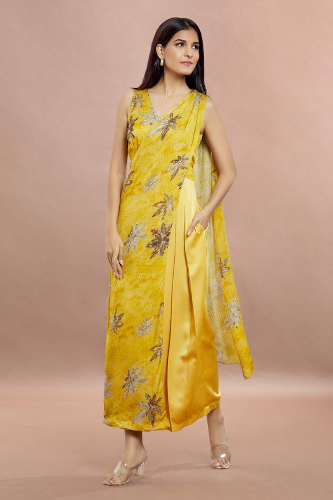 Whimscial by shica Maple Dot Print Saree Draped Jumpsuit
