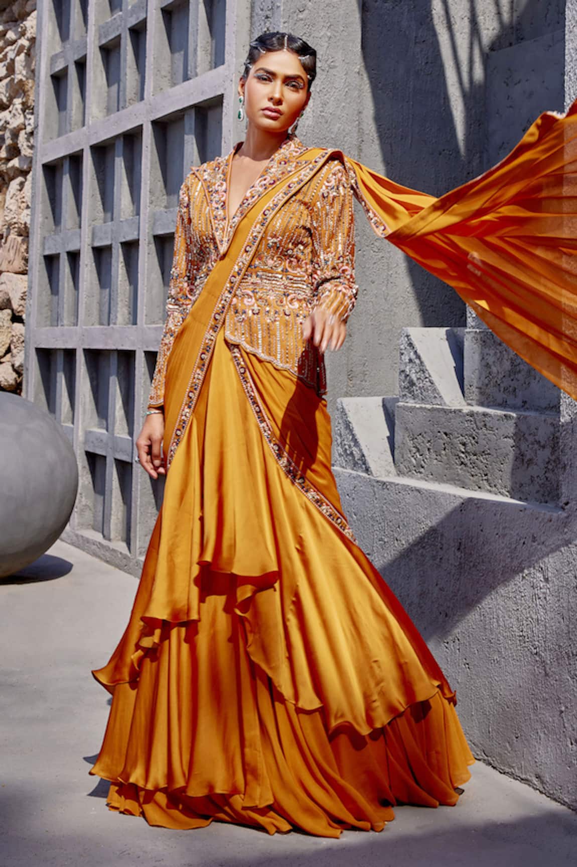 Miku Kumar Floral Embroidered Jacket & Pre-Draped Saree Set