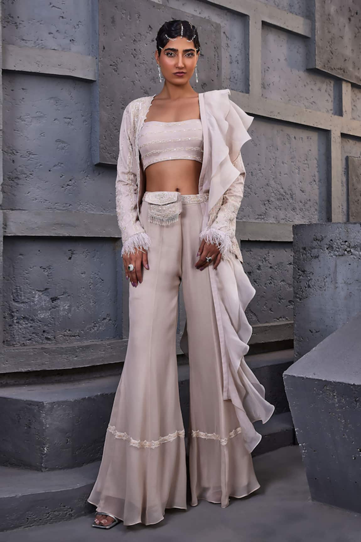 Miku Kumar Pearl Embellished Floral Jacket Palazzo Set