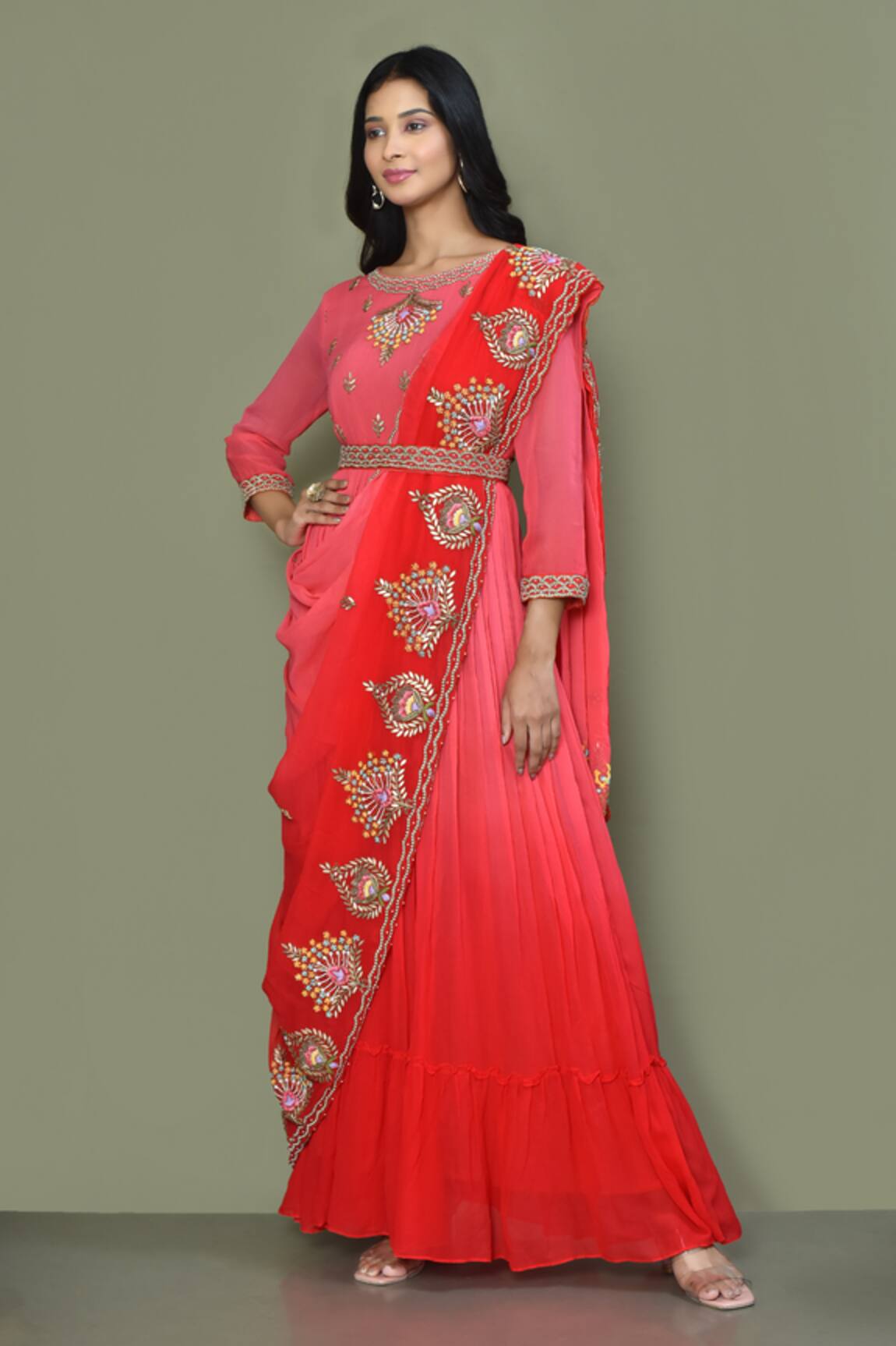 Khwaab by Sanjana Lakhani Embroidered Draped Gown With Belt