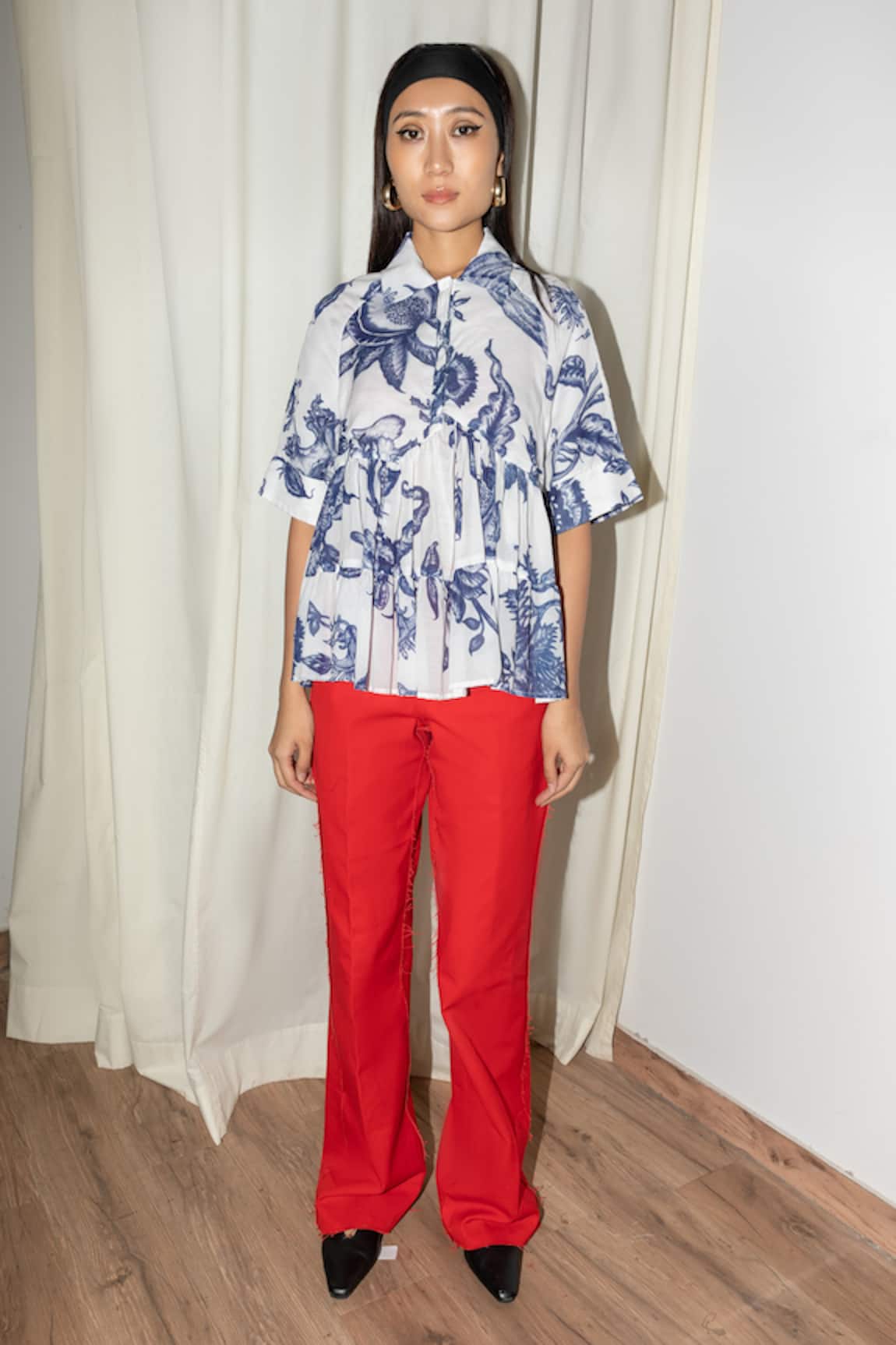 Leh Studios Collared Bohemian Floral Print Top