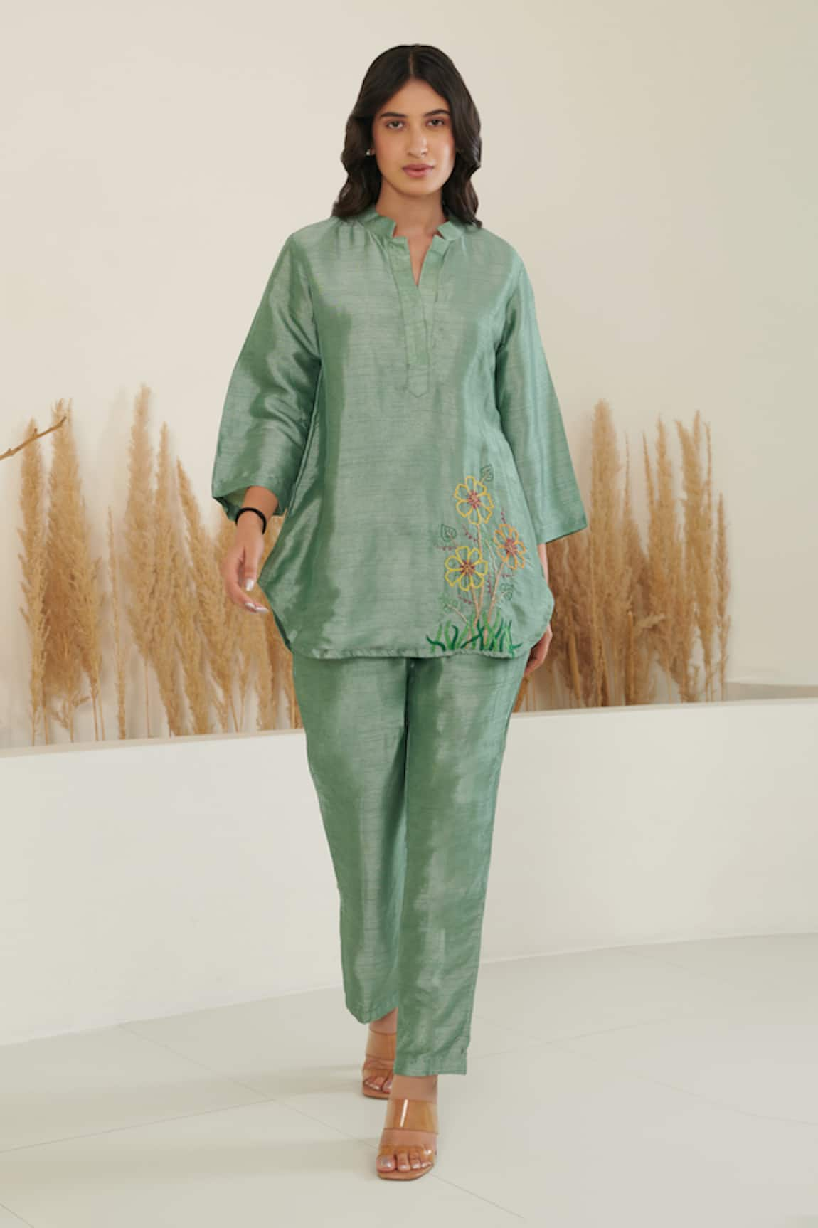 Flamingo the label Silk Placement Floral Embroidered Shirt With Pant