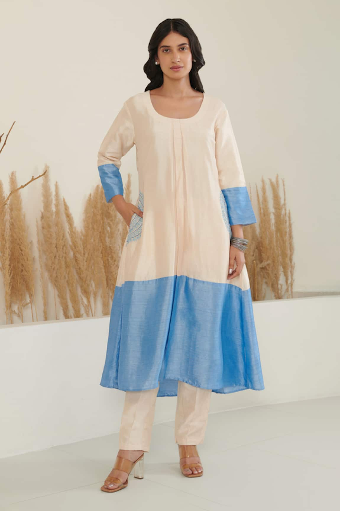 Flamingo the label A-Line Silk Color Block Kurta With Pant