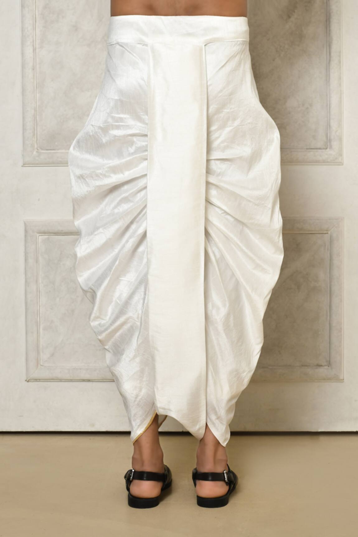 White Dhoti Skirt Set, Paired With Embroidered Bralette(Ruched Back) &  Printed Cape – Agashe