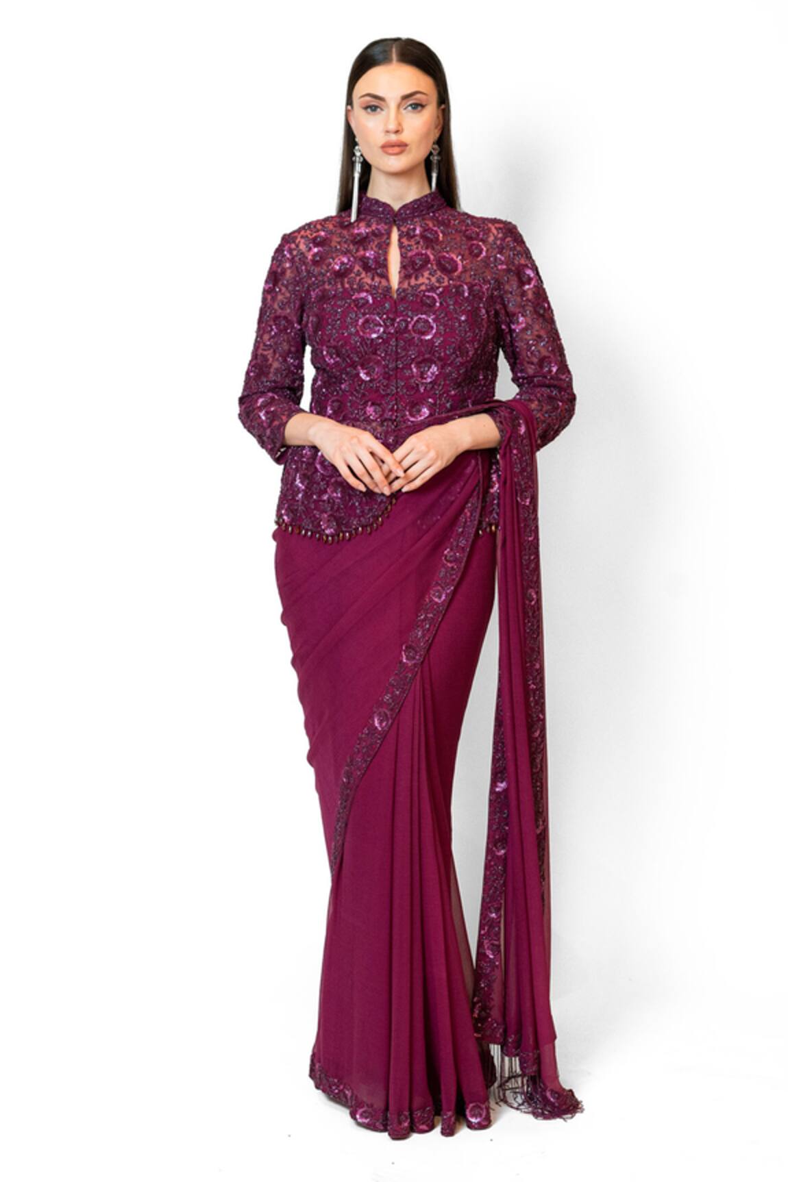 Rabani & Rakha Pre-Draped Saree With Floral Embroidered Jacket 