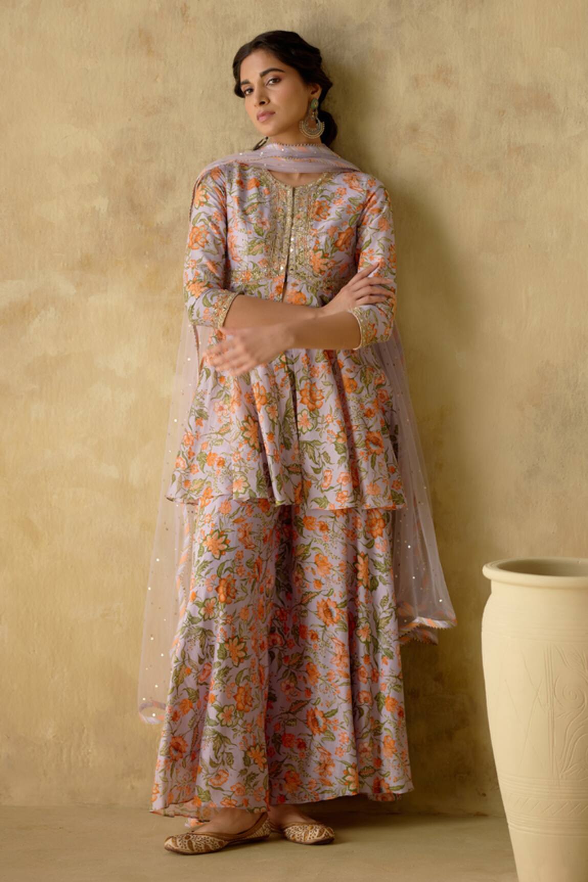 VARUN CHHABRA Printed Chanderi Silk Peplum Kurta Sharara Set