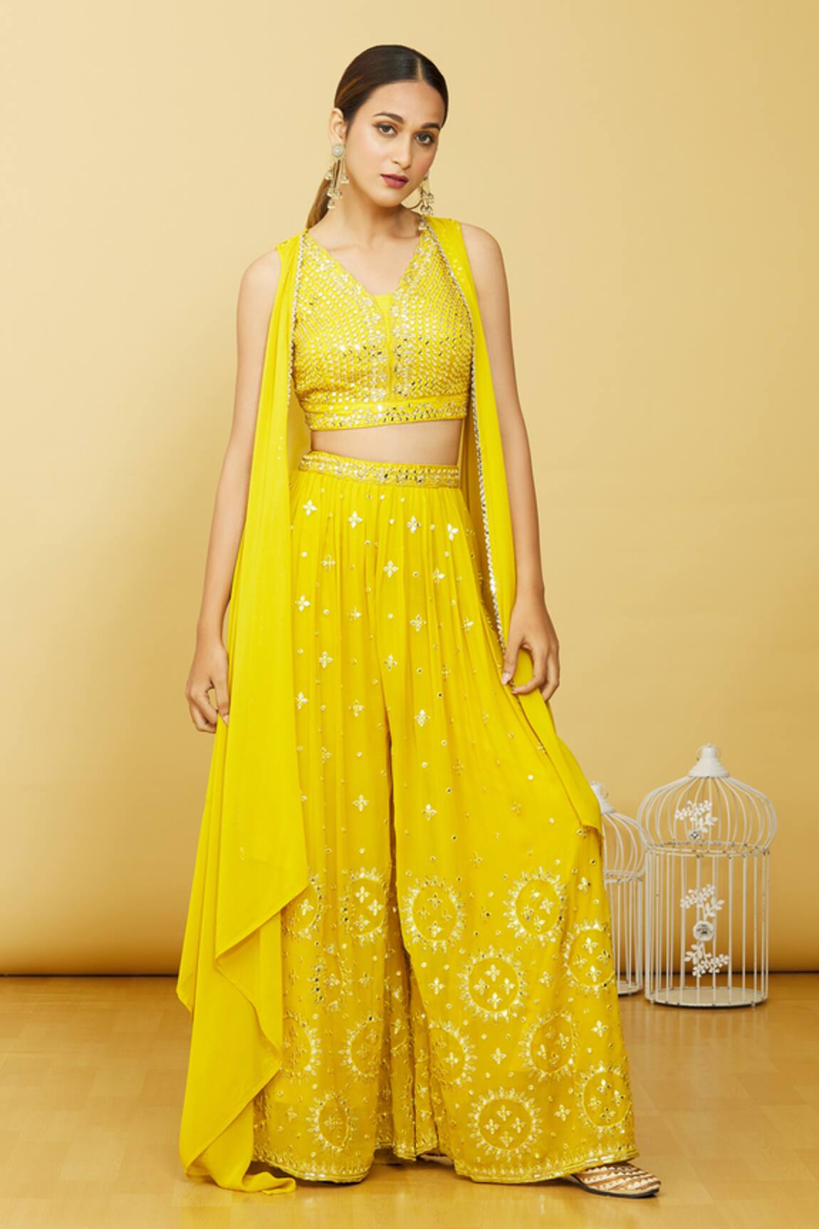 Adara Khan Mirror Embroidered Jacket Palazzo Set